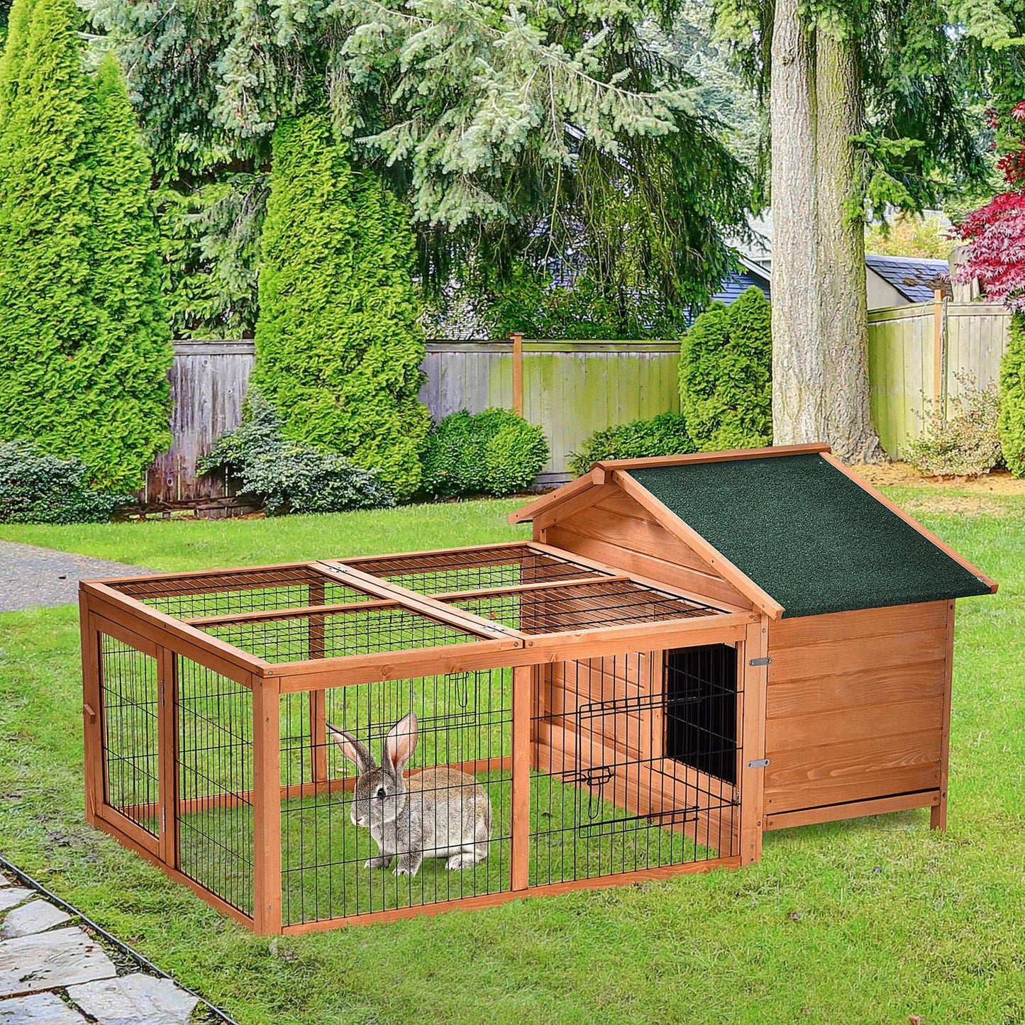 Pawhut Rabbit Hutch, Guinea Pig Hutch Outdoor Detachable Cage W/ Tray & Roof
