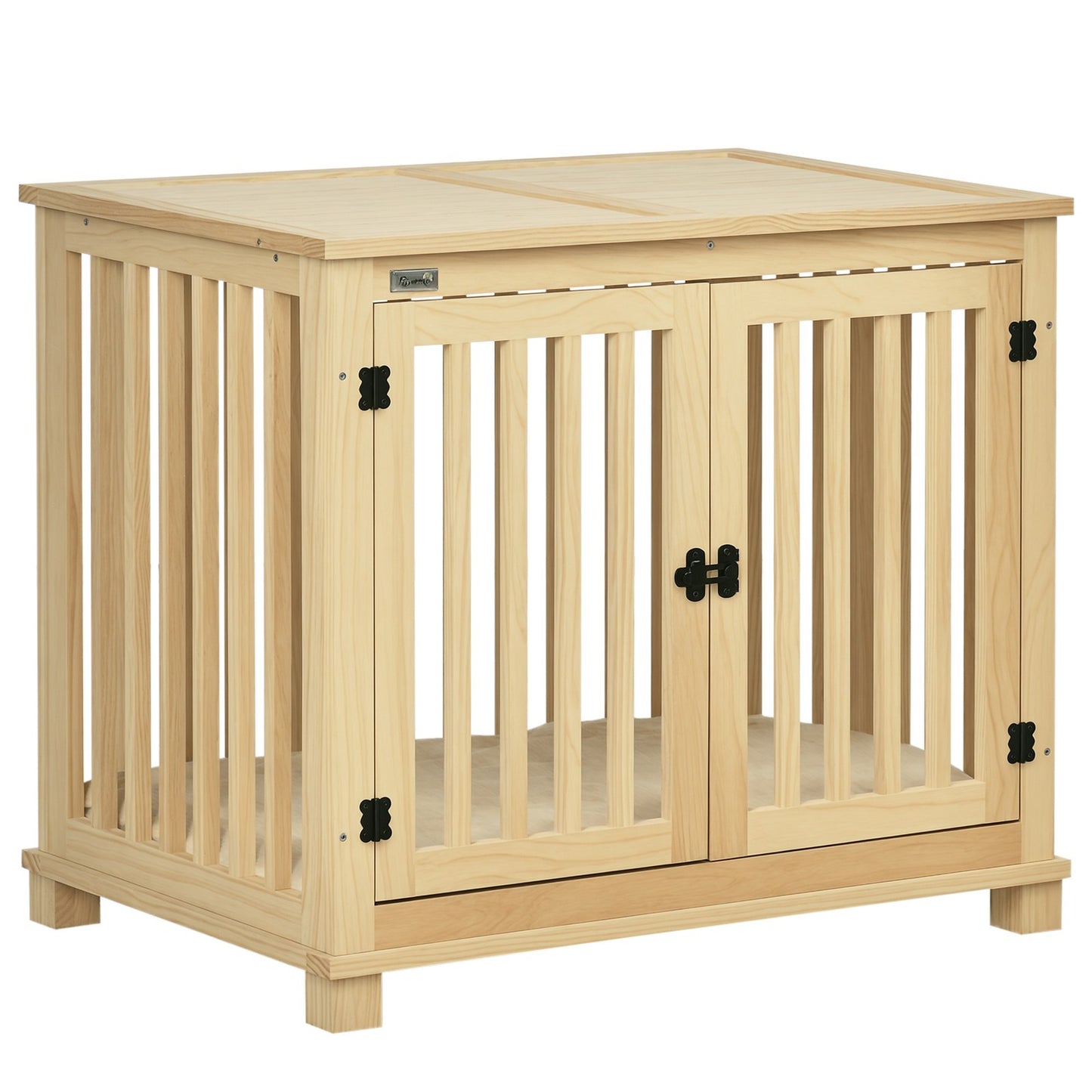 Wooden Dog Crate Furniture W/ Double Doors, Soft Cushion, for Medium Dogs