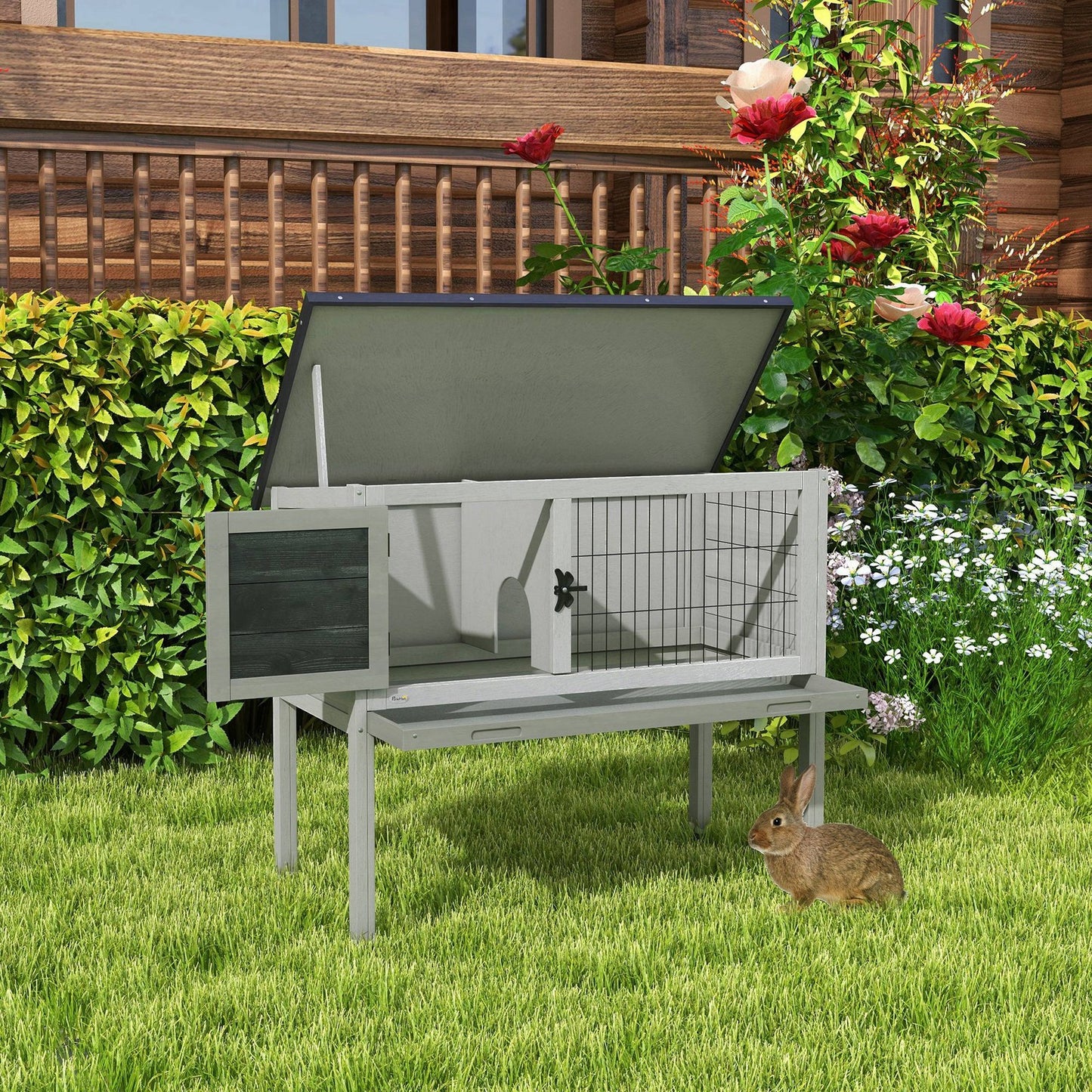 Guinea Pig Hutch, Wooden Small Animal Cage W/ Slide-Out Tray & Open Roof, Grey