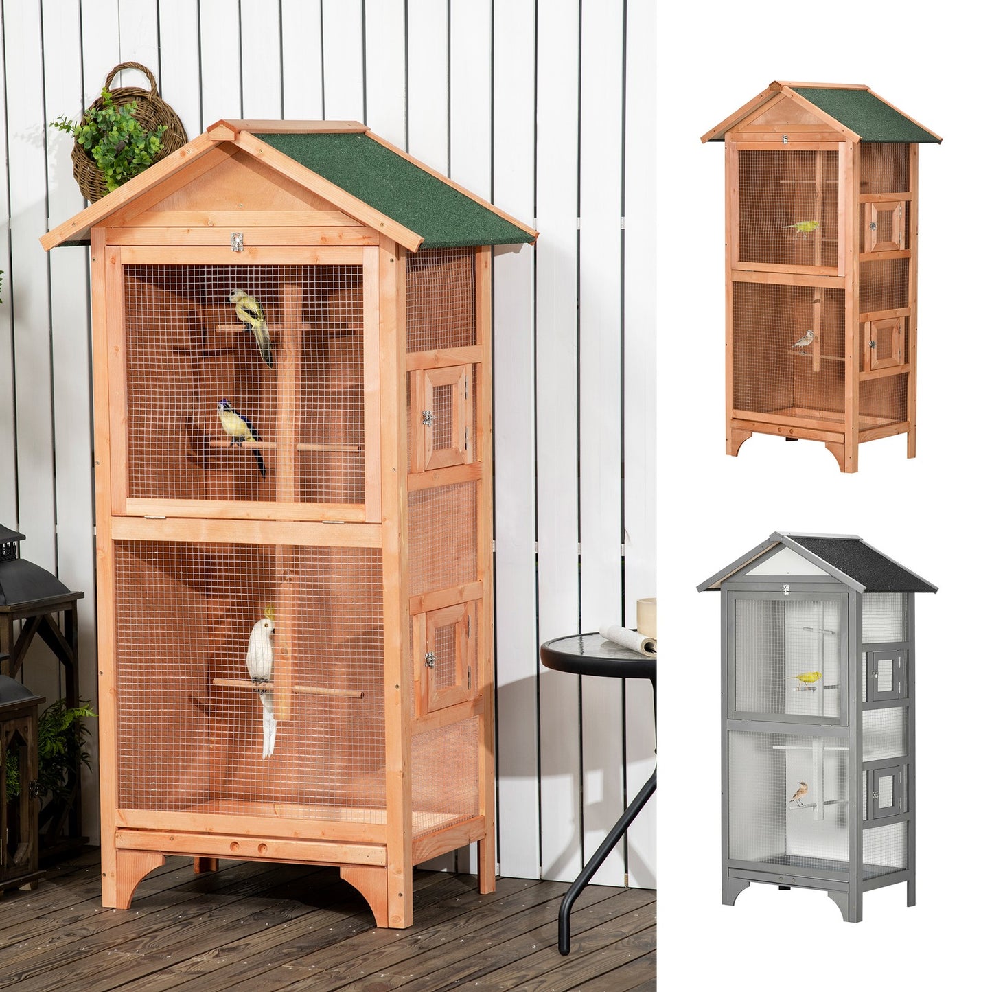 Wooden Bird Cage Aviary for Finch, Canary W/ Removable Tray, Asphalt Roof