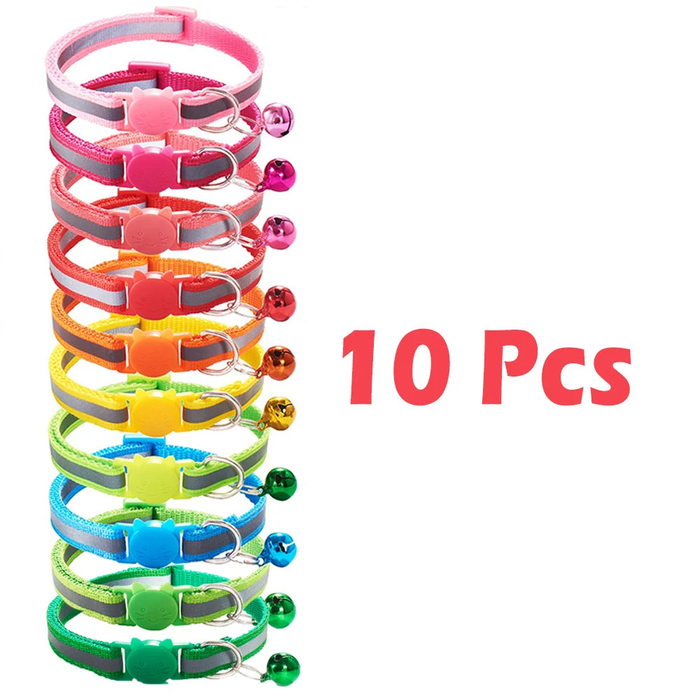 10Pcs Wholesale with Bell Collars Delicate Safety Reflective Nylon Dog Collars Neck Strap Fashion Adjustable Pet Cat Dog Collar