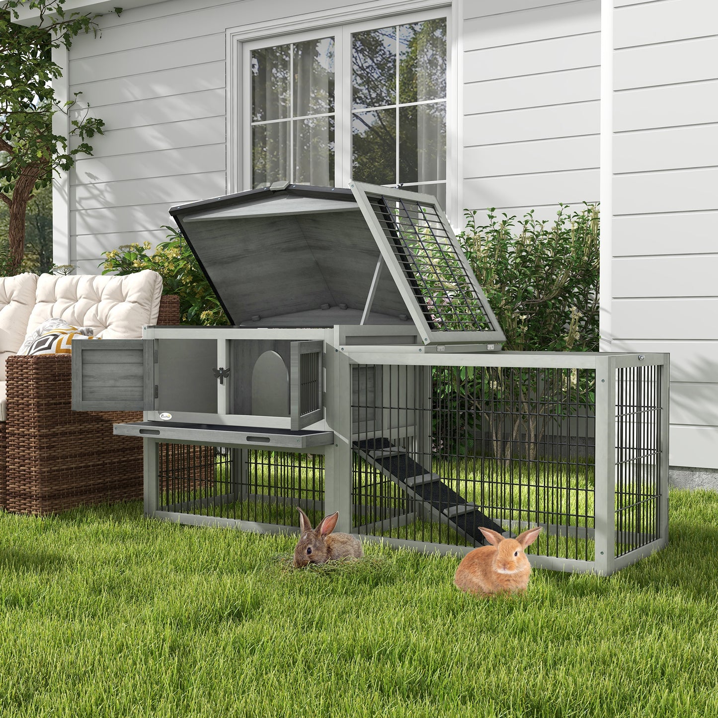 2 Level Wooden Rabbit Hutch Water Resistant Roof Pull Out Tray 150 X 52.5 X 68Cm