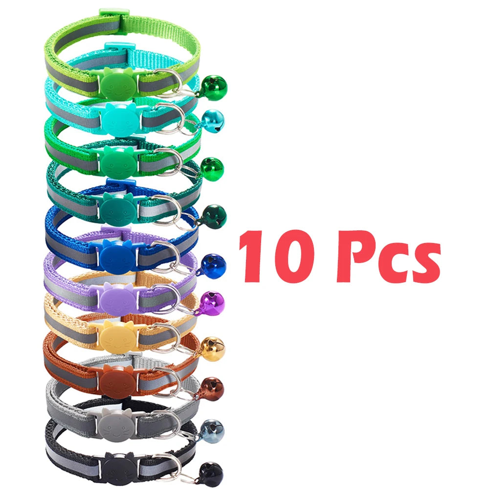 10Pcs Wholesale with Bell Collars Delicate Safety Reflective Nylon Dog Collars Neck Strap Fashion Adjustable Pet Cat Dog Collar