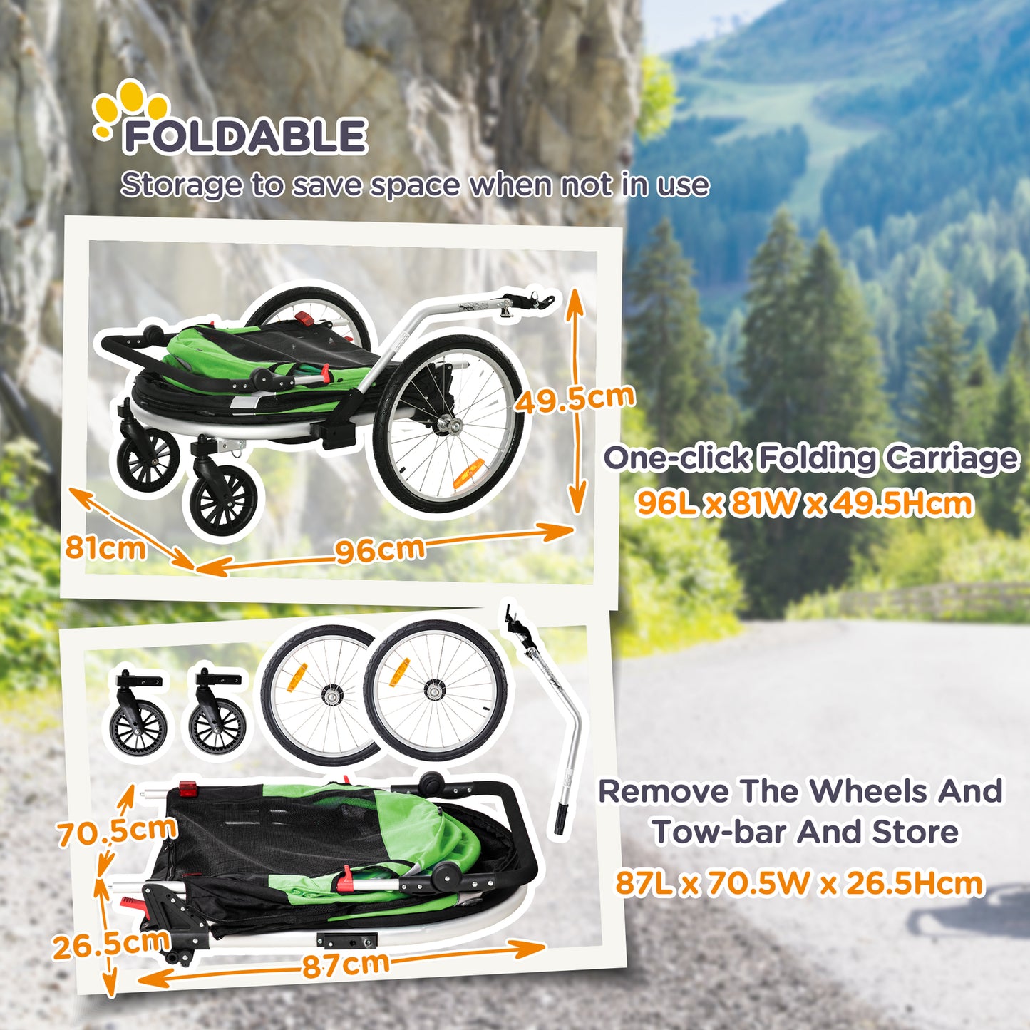 Pawhut 2-In-1 Dog Bicycle Trailer W/ Safety Leash, Reflectors - Green