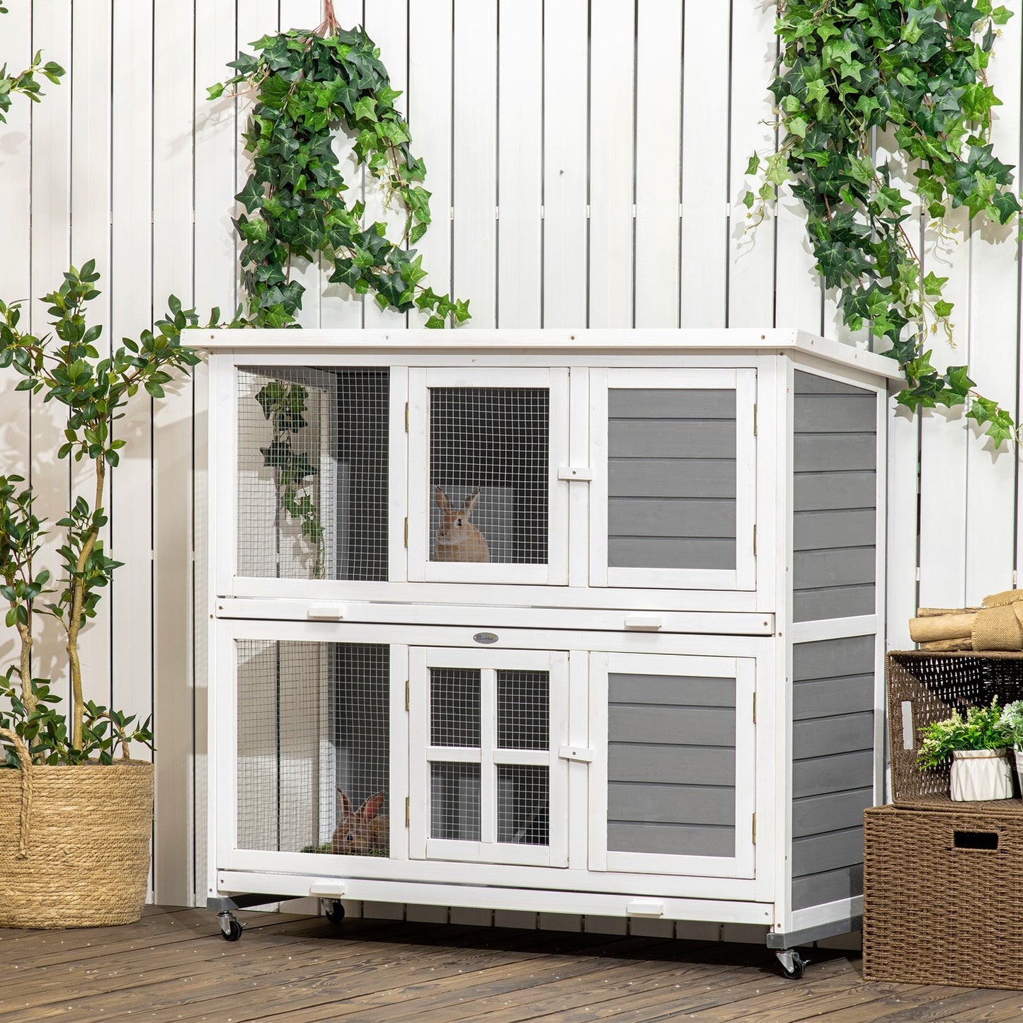 Pawhut Rabbit Hutch, Guinea Pig Cage with Wheels & Slide-Out Trays, Grey