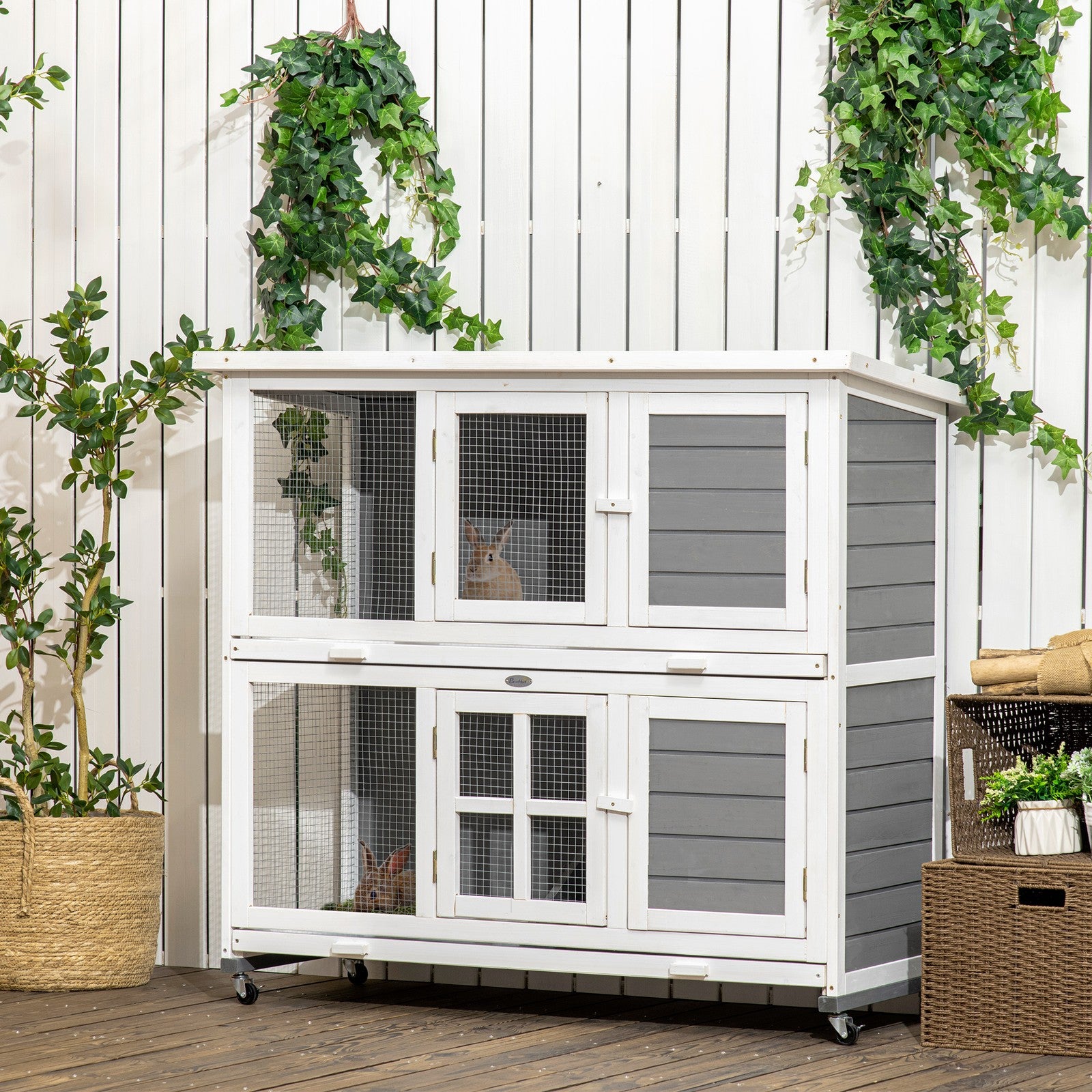Pawhut Rabbit Hutch, Guinea Pig Cage with Wheels & Slide-Out Trays, Grey