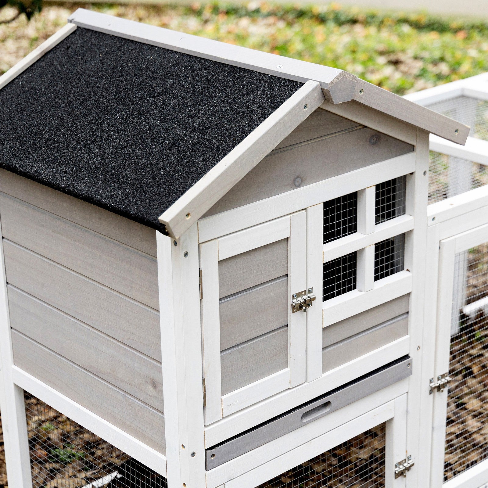 2 in 1 Rabbit Hutch Outdoor, Double Main House with Run & No-Leak Tray, Grey