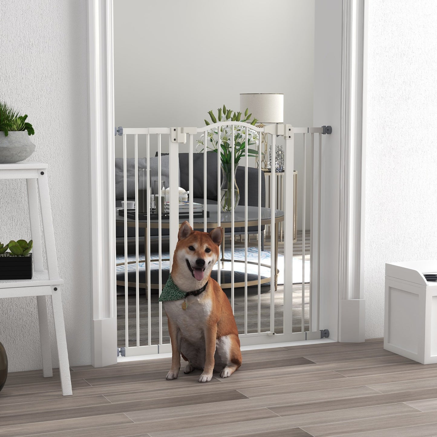 Pawhut 74-100Cm Adjustable Metal Pet Gate Safety Barrier W/Auto-Close Door White