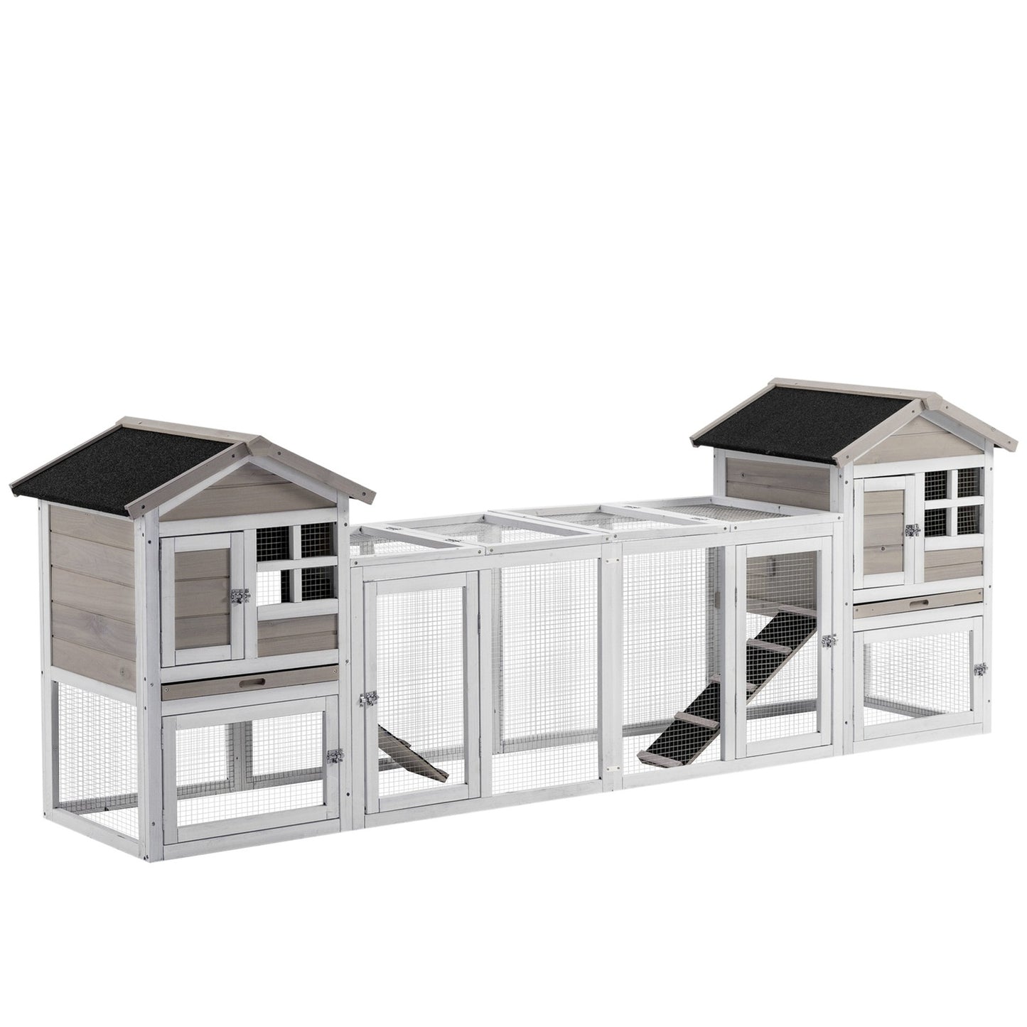 2 in 1 Rabbit Hutch Outdoor, Double Main House with Run & No-Leak Tray, Grey