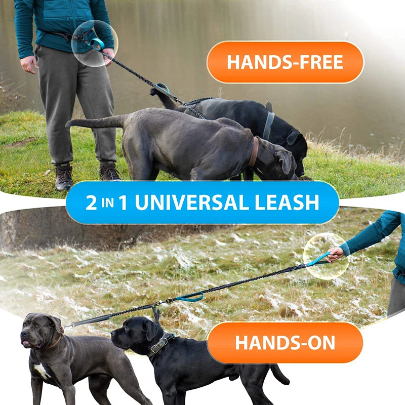 Strong Hands Free Double Dog Leash Reflective Comfortable No Tangle Padded Handle Dual Pet Lead for Medium Large Dogs