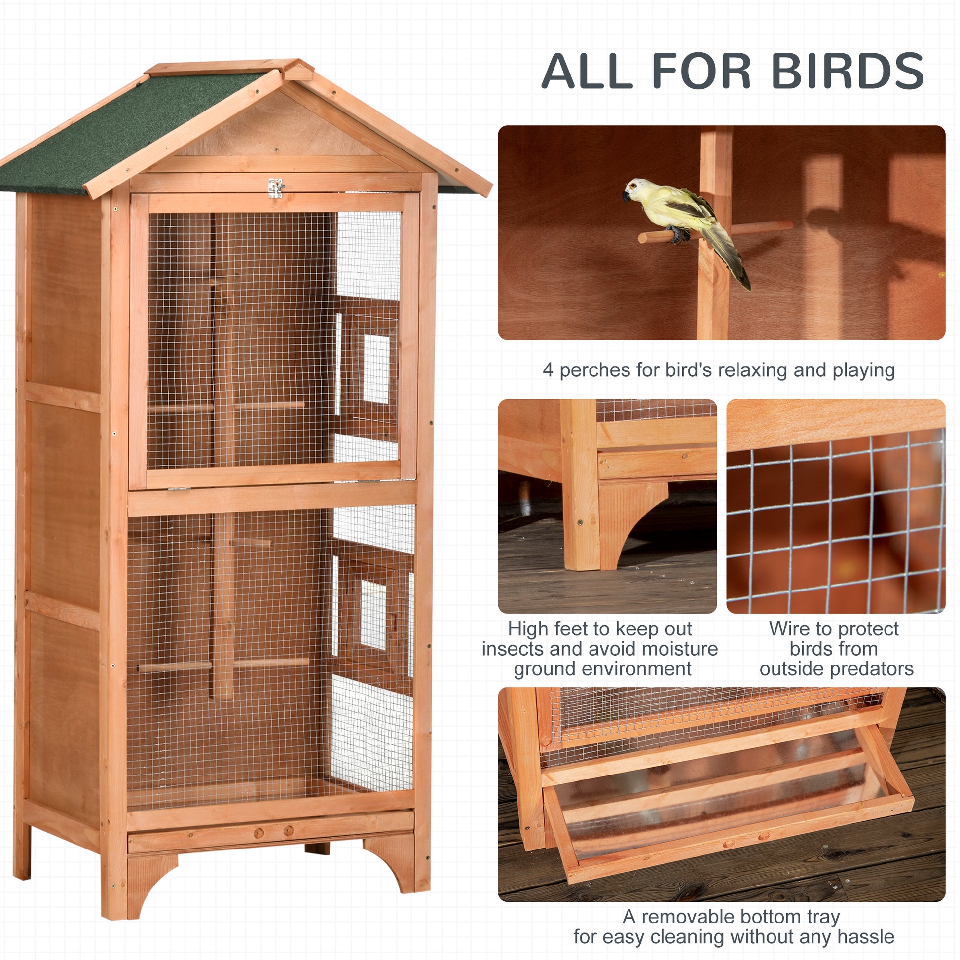 Wooden Bird Cage Aviary for Finch, Canary W/ Removable Tray, Asphalt Roof