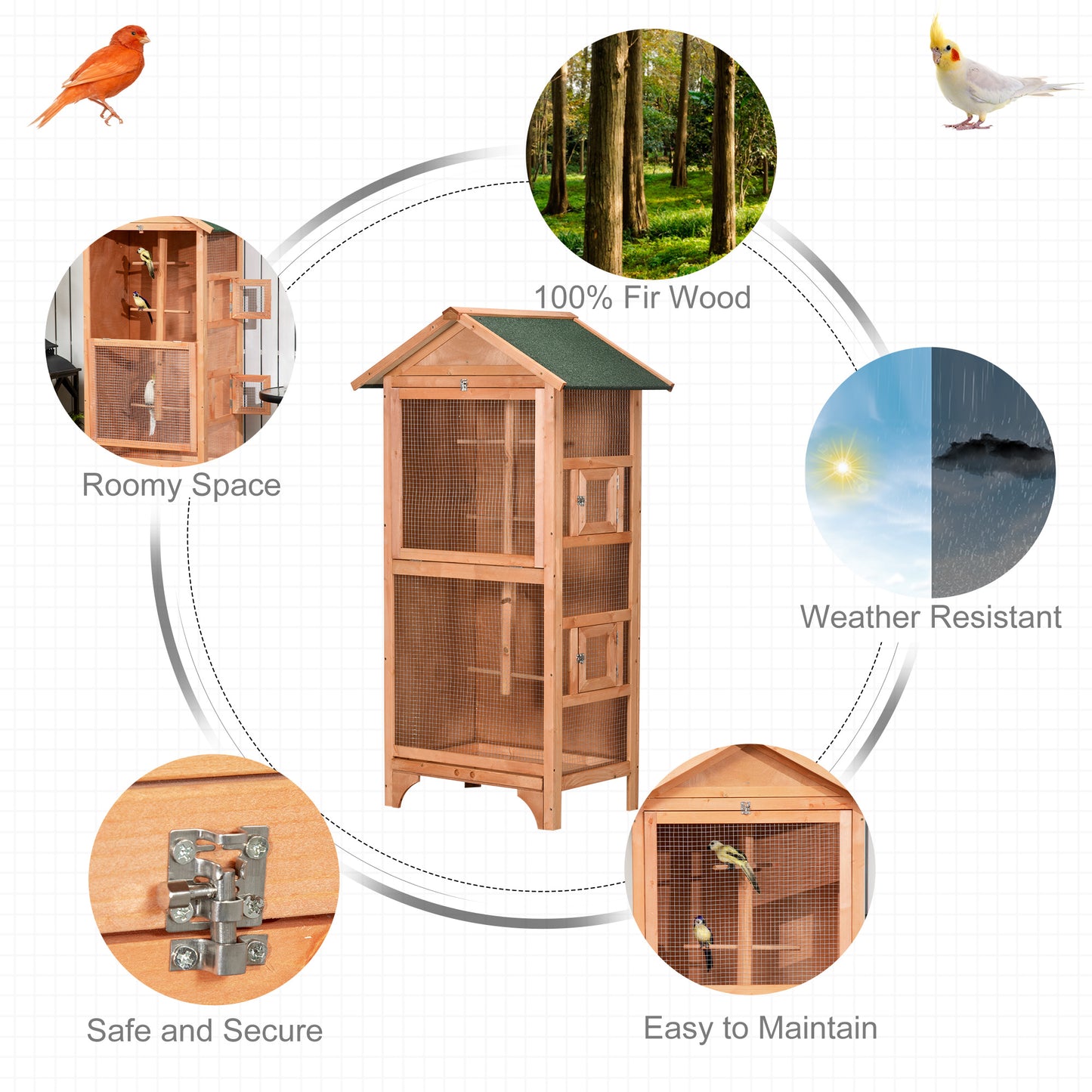 Wooden Bird Cage Aviary for Finch, Canary W/ Removable Tray, Asphalt Roof