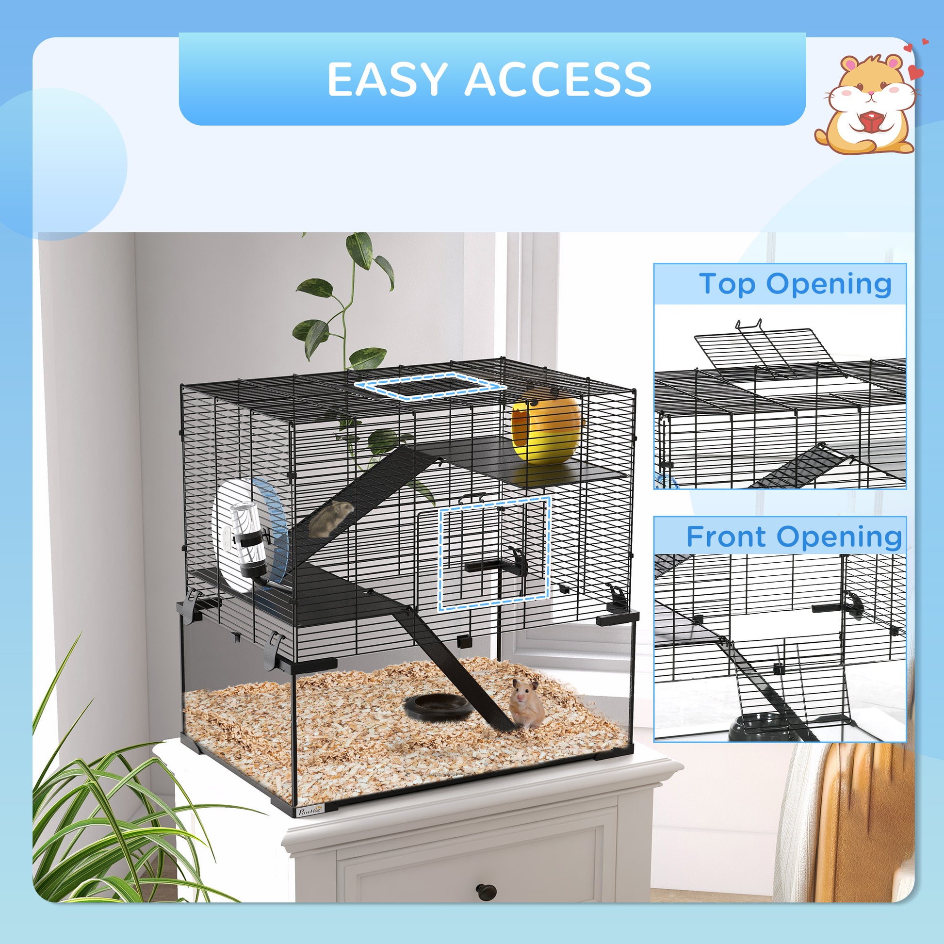 3 Tiers Hamster Cage, Gerbil Cage W/ Ramps, Exercise Wheel
