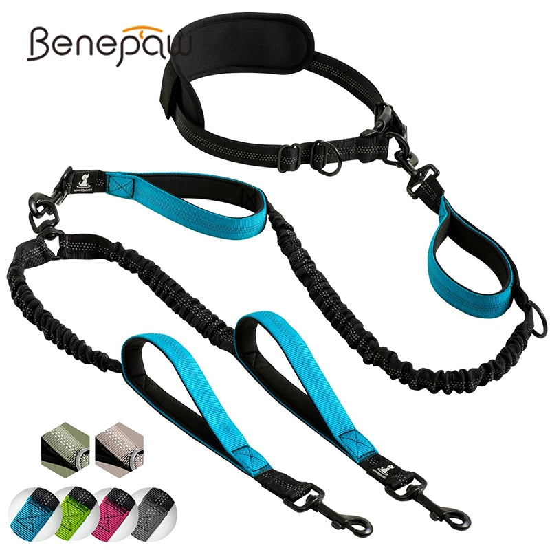 Strong Hands Free Double Dog Leash Reflective Comfortable No Tangle Padded Handle Dual Pet Lead for Medium Large Dogs