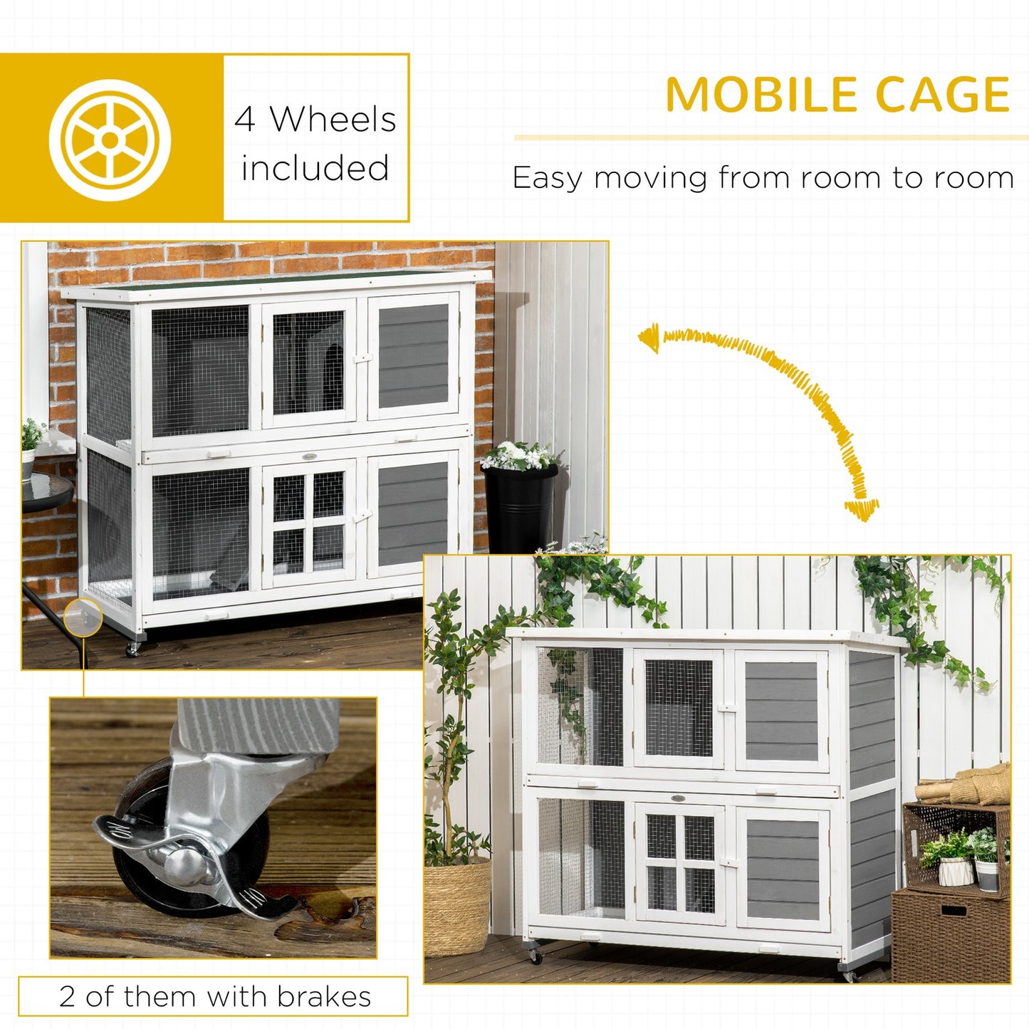 Pawhut Rabbit Hutch, Guinea Pig Cage with Wheels & Slide-Out Trays, Grey