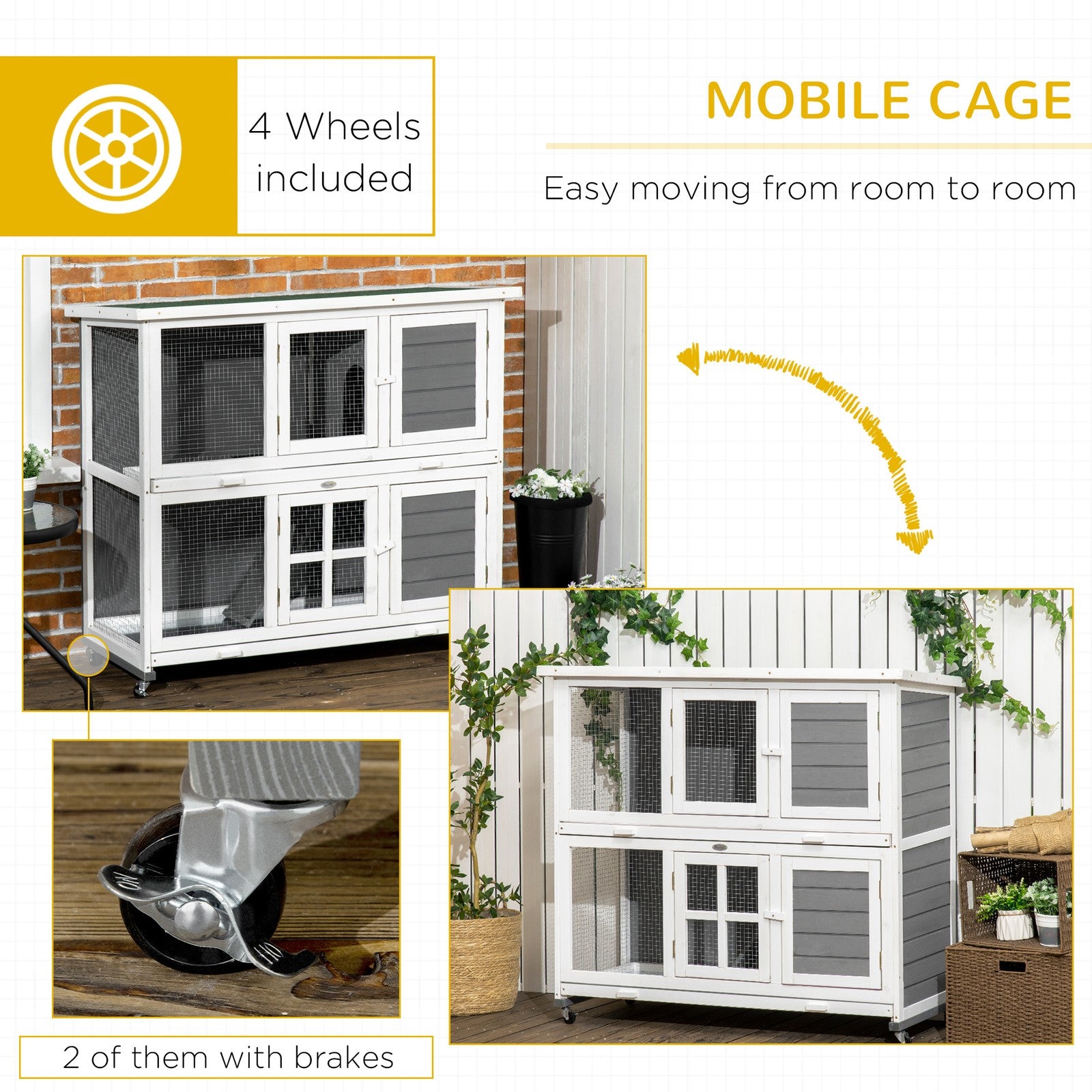 Pawhut Rabbit Hutch, Guinea Pig Cage with Wheels & Slide-Out Trays, Grey