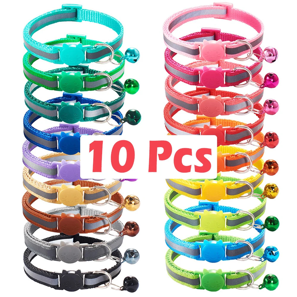 10Pcs Wholesale with Bell Collars Delicate Safety Reflective Nylon Dog Collars Neck Strap Fashion Adjustable Pet Cat Dog Collar