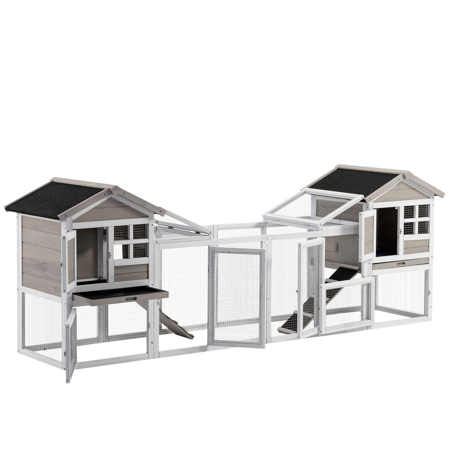 2 in 1 Rabbit Hutch Outdoor, Double Main House with Run & No-Leak Tray, Grey