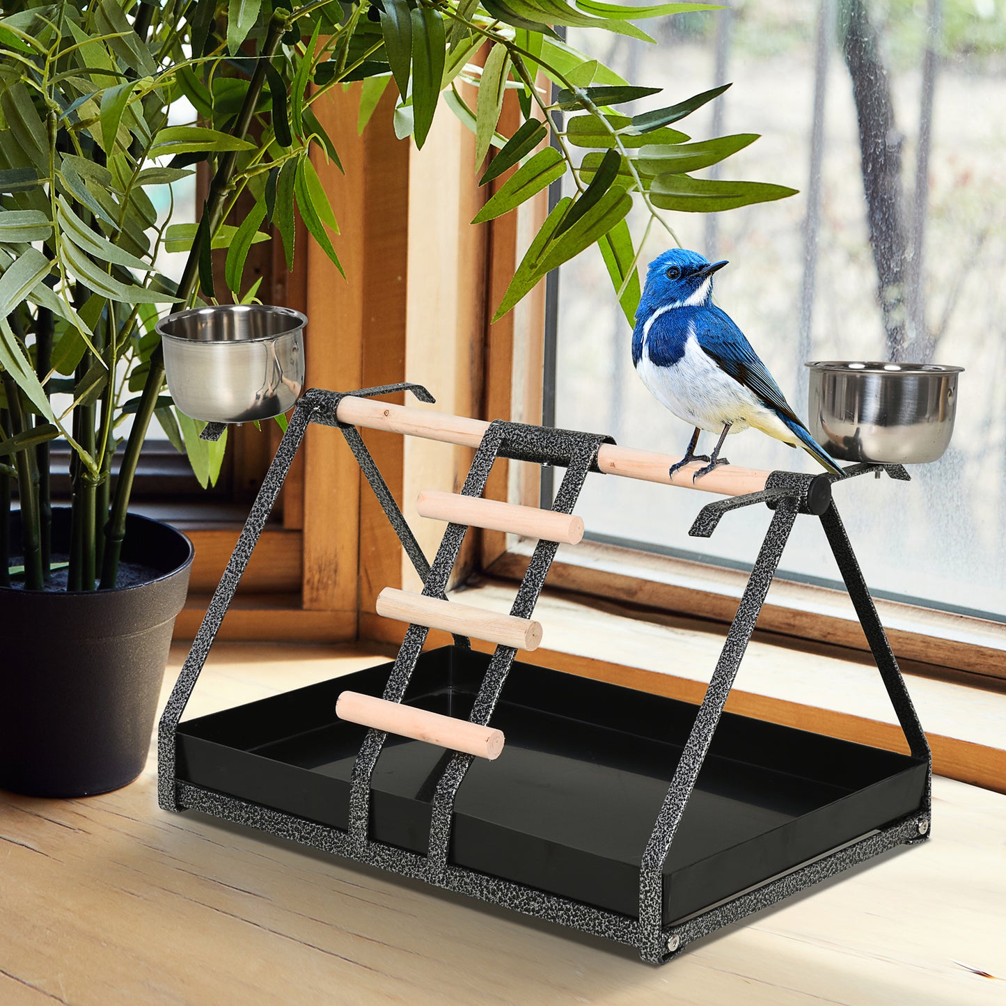 Bird Playstand with Wooden Perch Ladder Feeding Cups for Macaw Parrot Conure