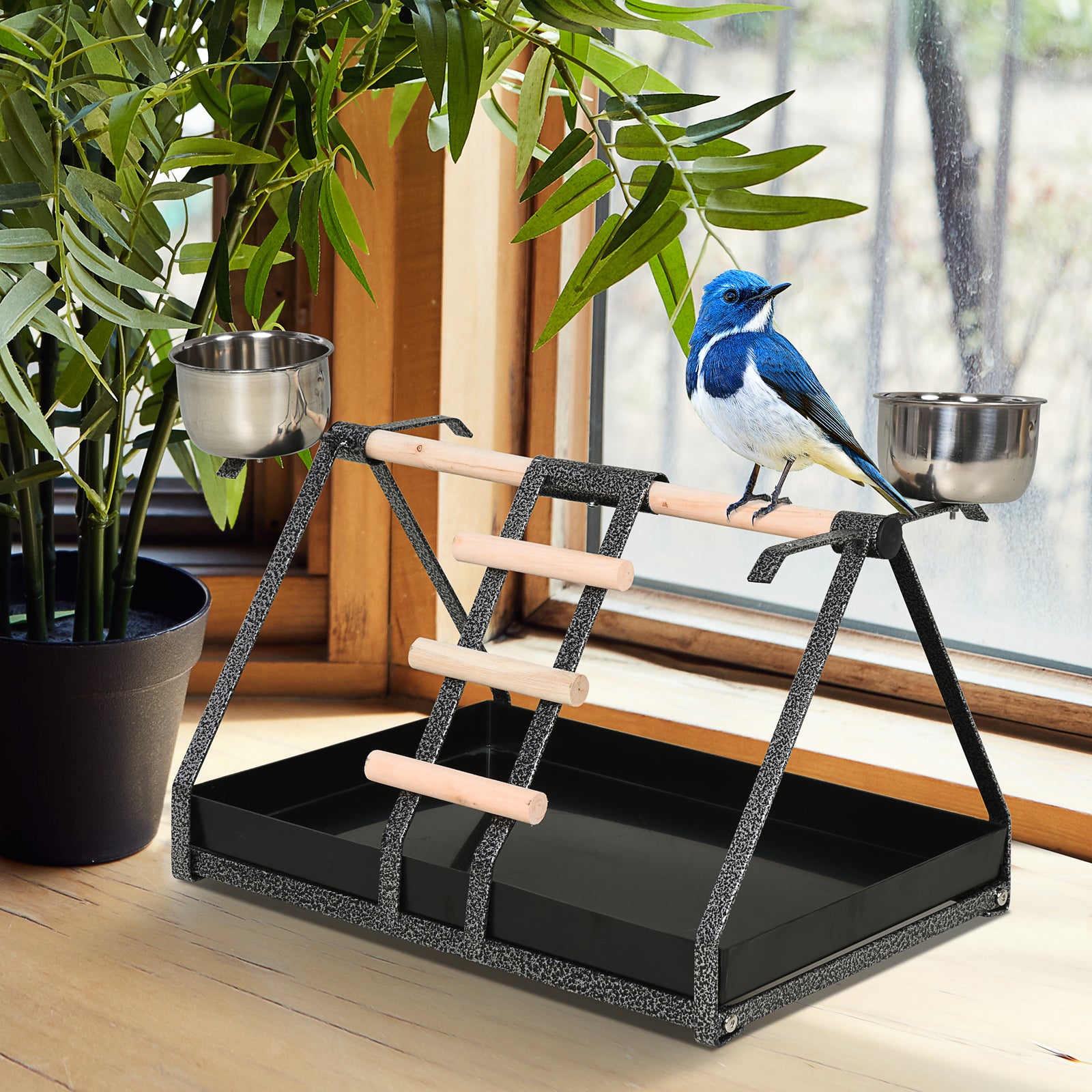 Bird Playstand with Wooden Perch Ladder Feeding Cups for Macaw Parrot Conure