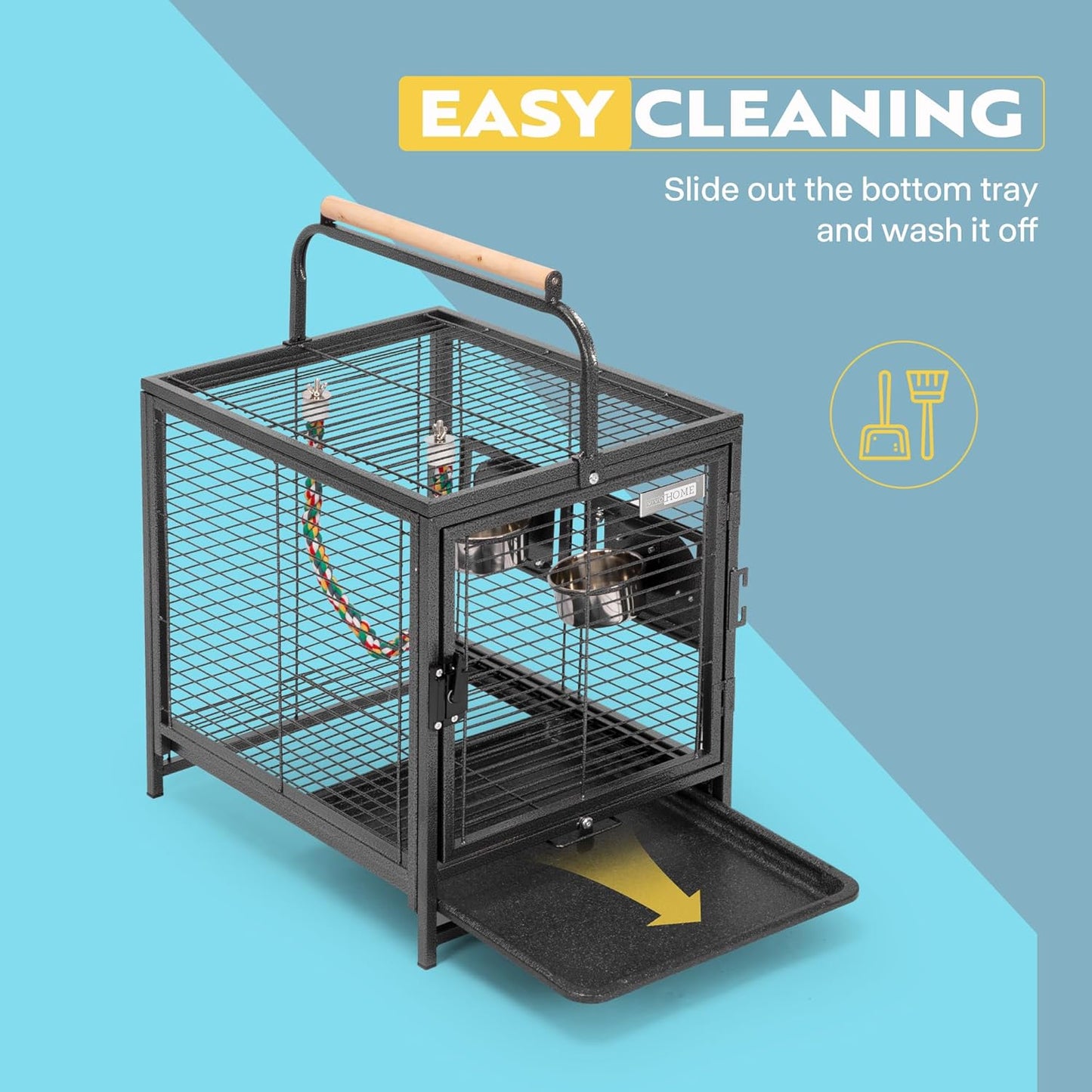48 Cm Wrought Iron Bird Travel Carrier Cage with Handle Bird Transport Cage with Wooden Perch Portable Parrot Cage with Pullable Tray for Parrots Conures Lovebird Cockatiel Parakeets
