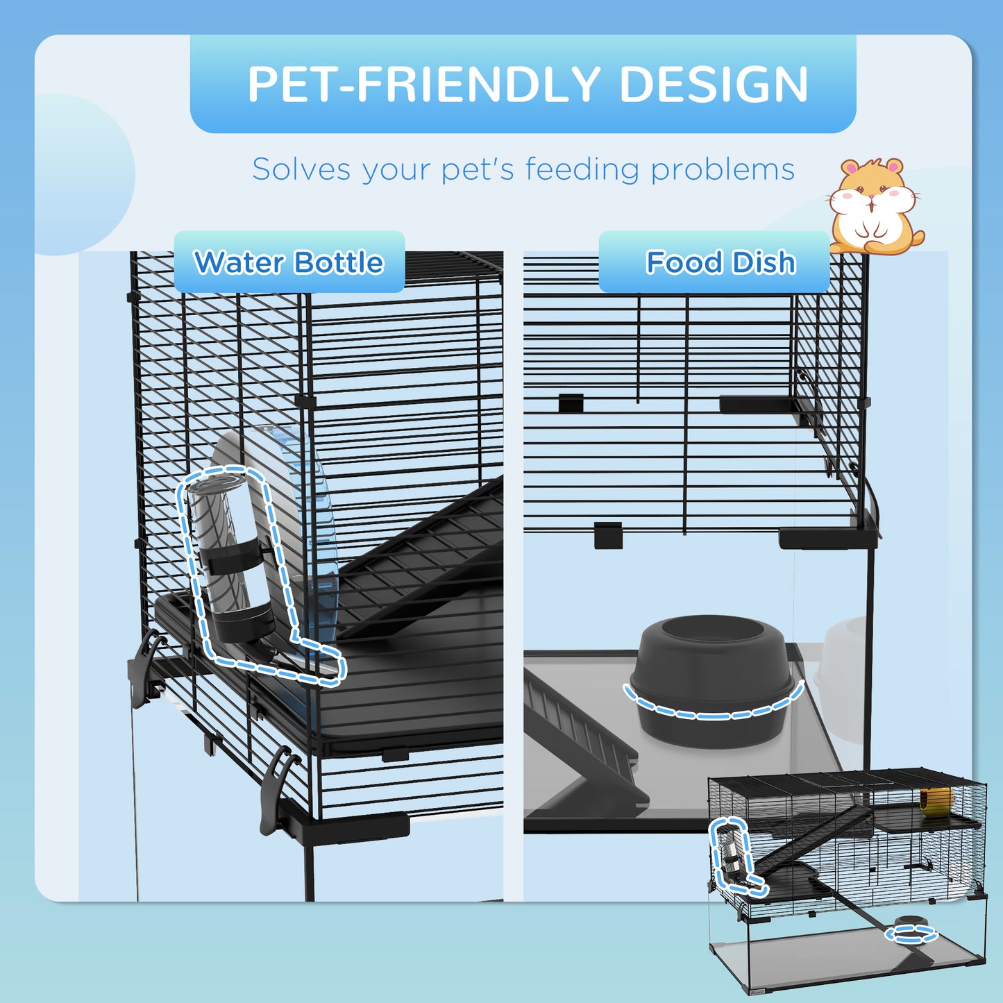 3 Tiers Hamster Cage, Gerbil Cage W/ Ramps, Exercise Wheel