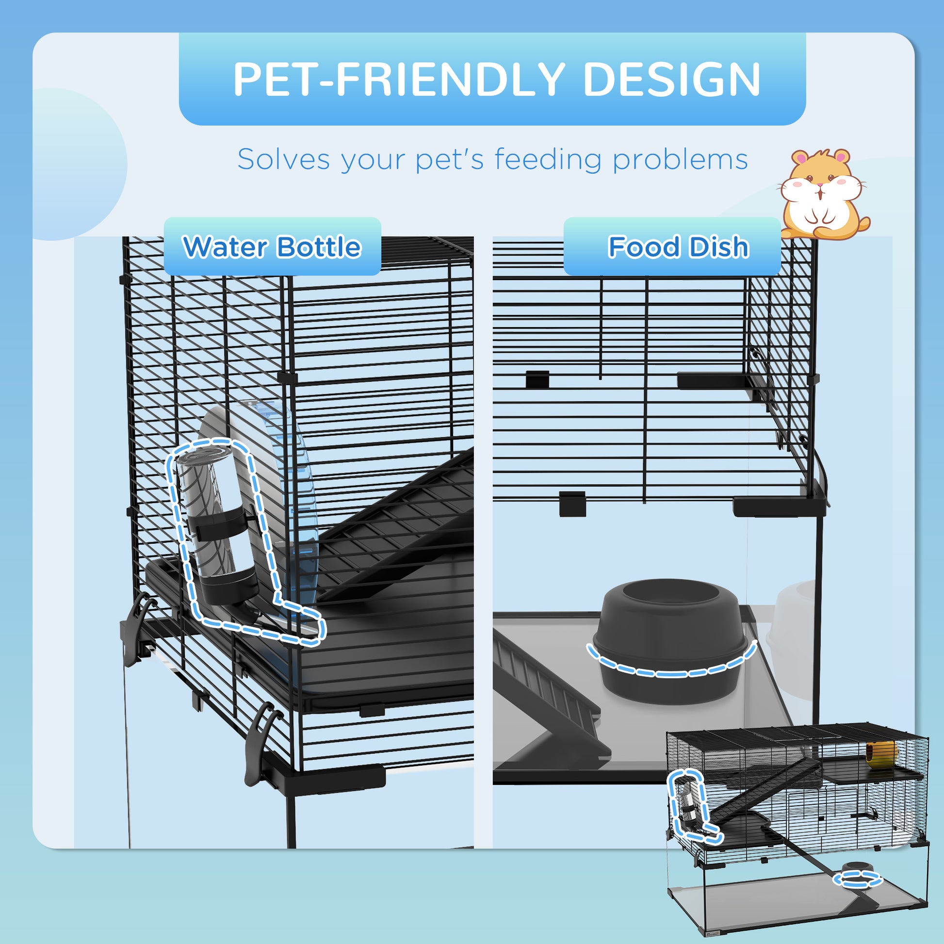 3 Tiers Hamster Cage, Gerbil Cage W/ Ramps, Exercise Wheel