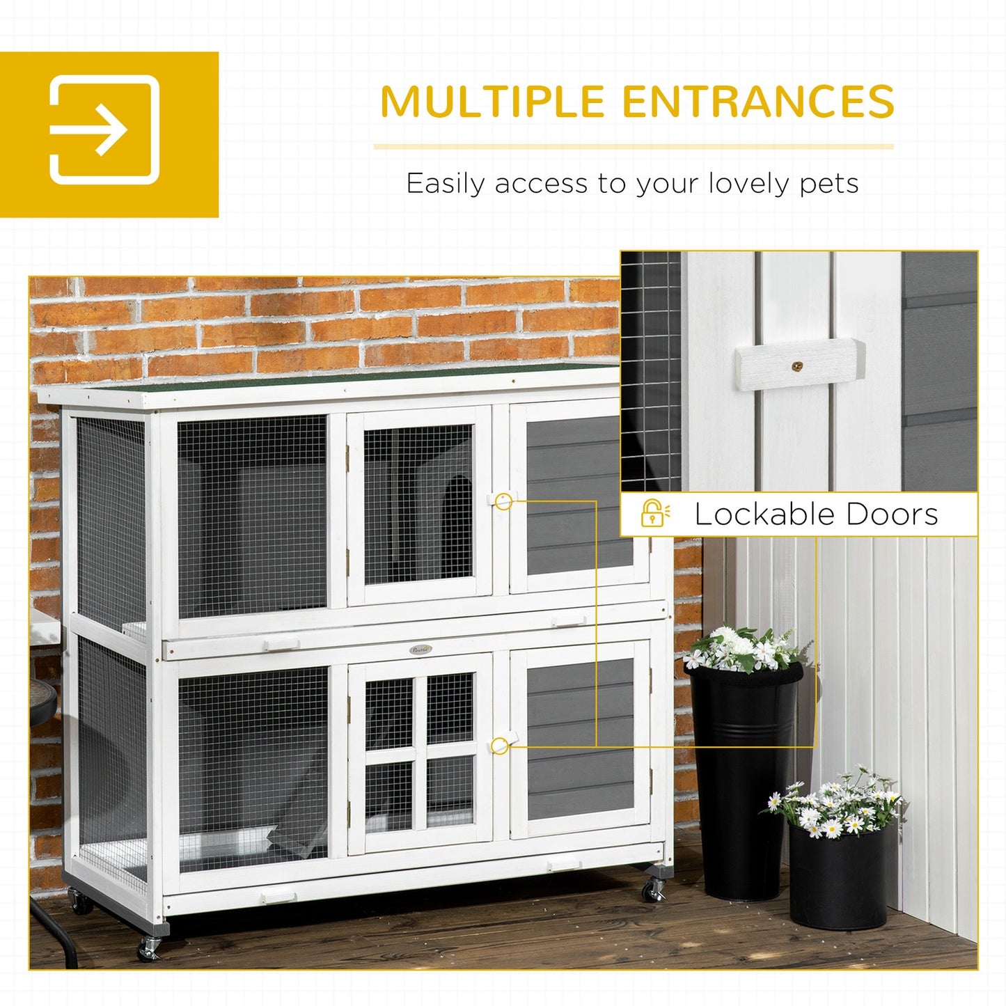 Pawhut Rabbit Hutch, Guinea Pig Cage with Wheels & Slide-Out Trays, Grey