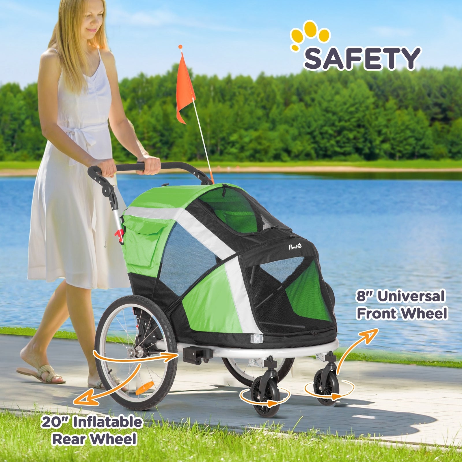 Pawhut 2-In-1 Dog Bicycle Trailer W/ Safety Leash, Reflectors - Green