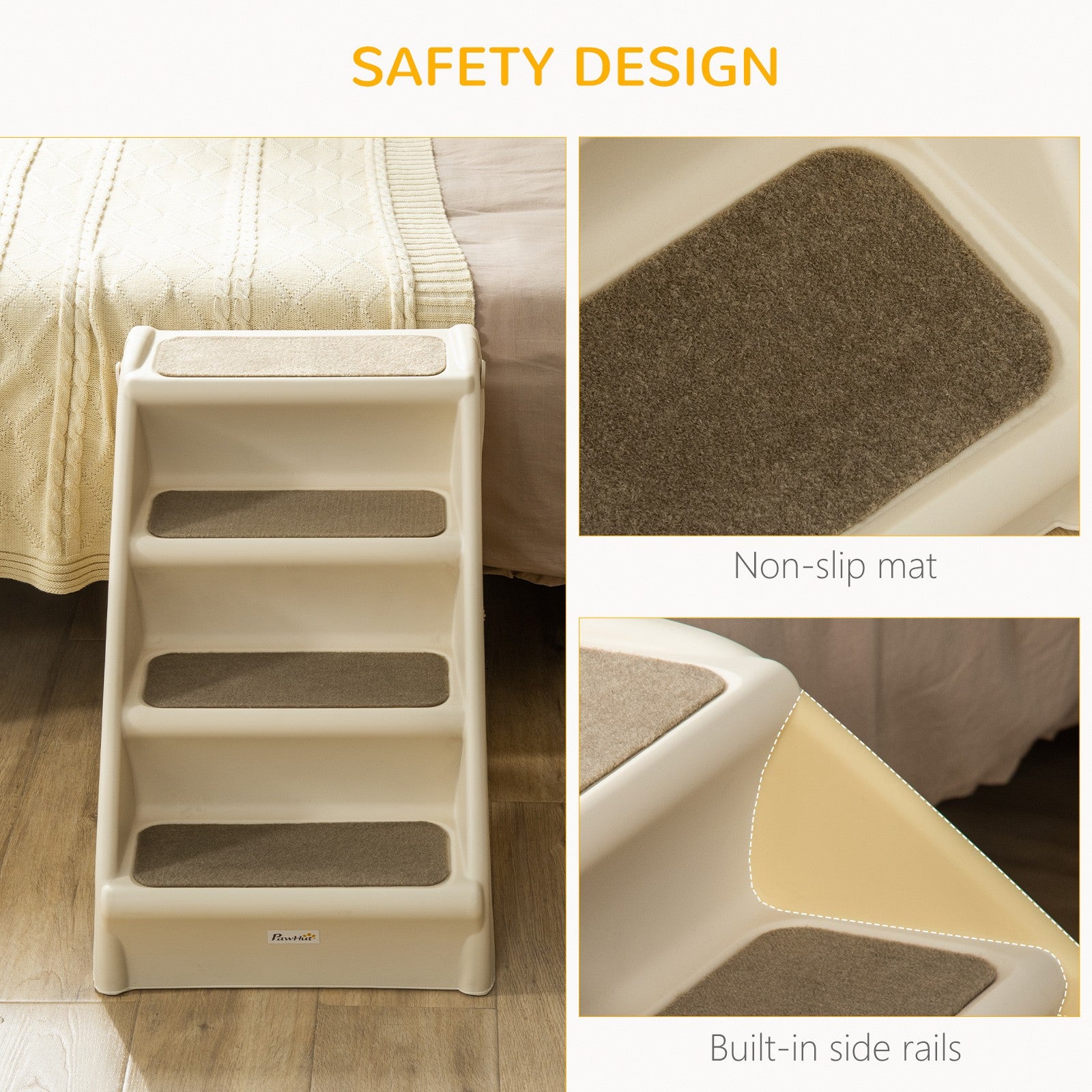 Pawhut Four-Step Foldable Pet Stairs W/ Non-Slip Mats, for S, XS Dogs - Beige