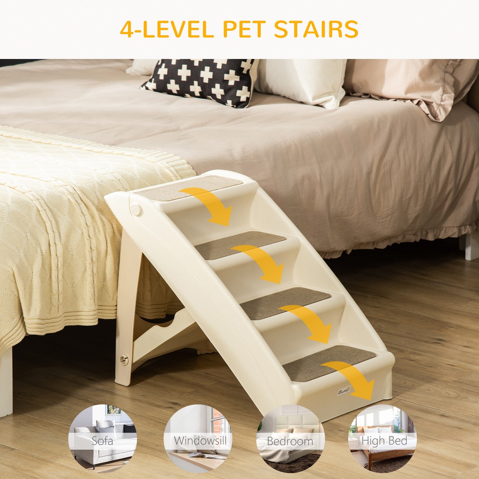 Pawhut Four-Step Foldable Pet Stairs W/ Non-Slip Mats, for S, XS Dogs - Beige