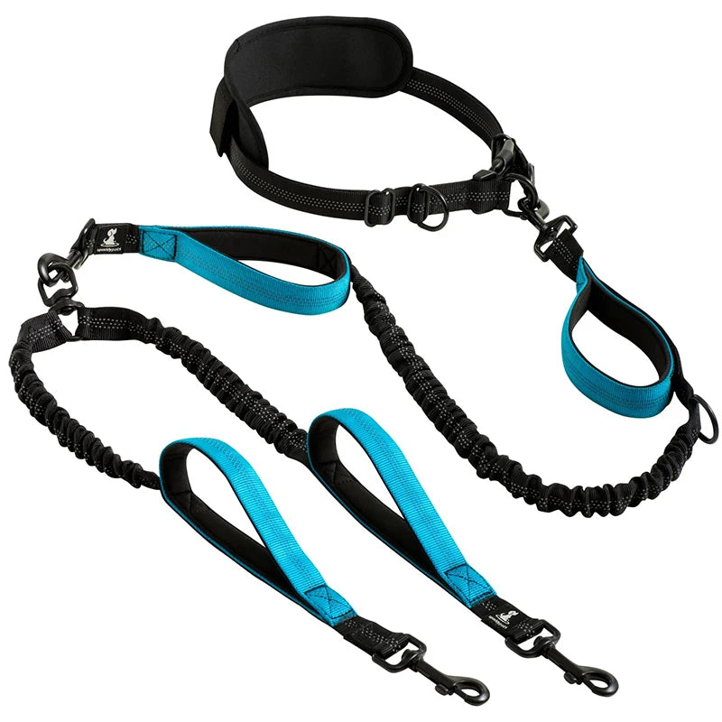 Strong Hands Free Double Dog Leash Reflective Comfortable No Tangle Padded Handle Dual Pet Lead for Medium Large Dogs