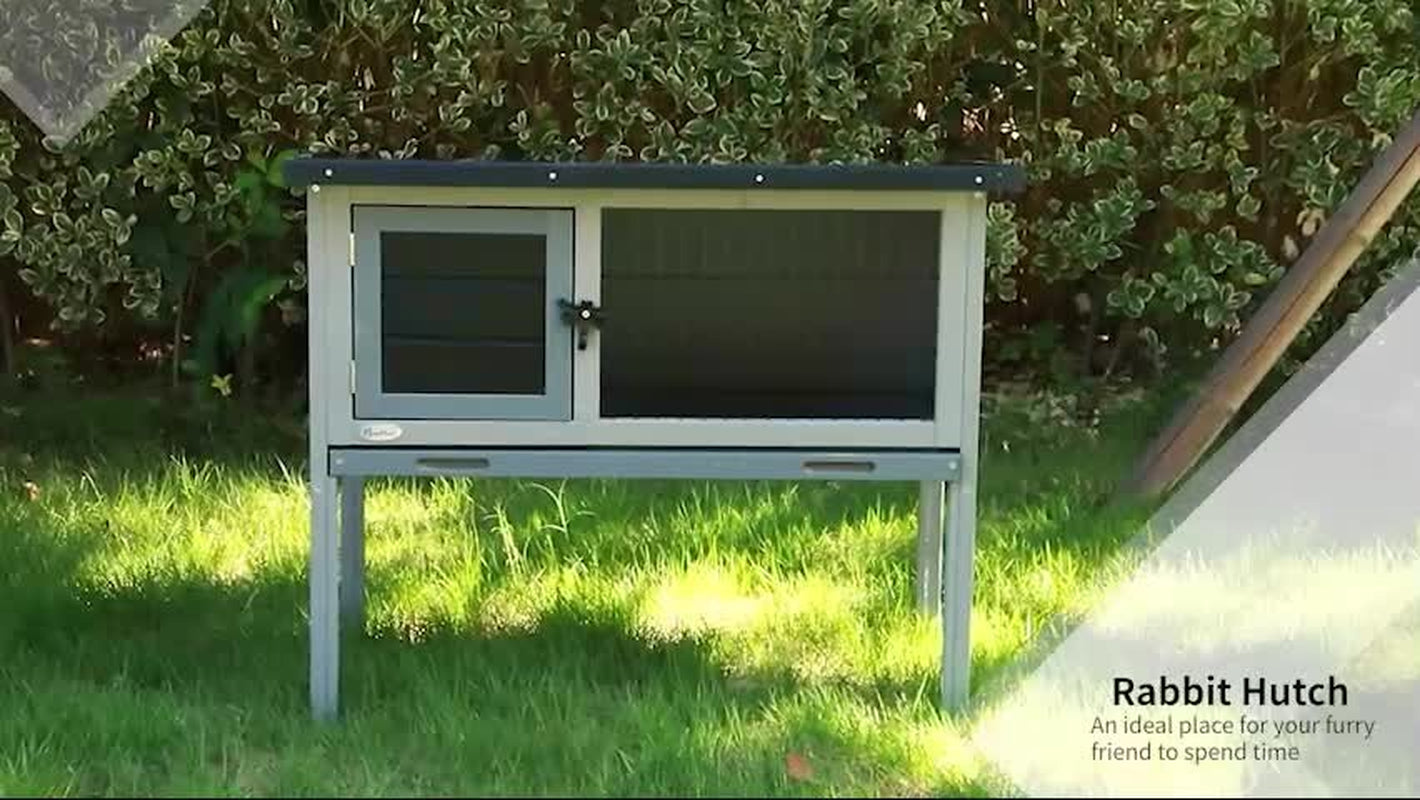 Guinea Pig Hutch, Wooden Small Animal Cage W/ Slide-Out Tray & Open Roof, Grey