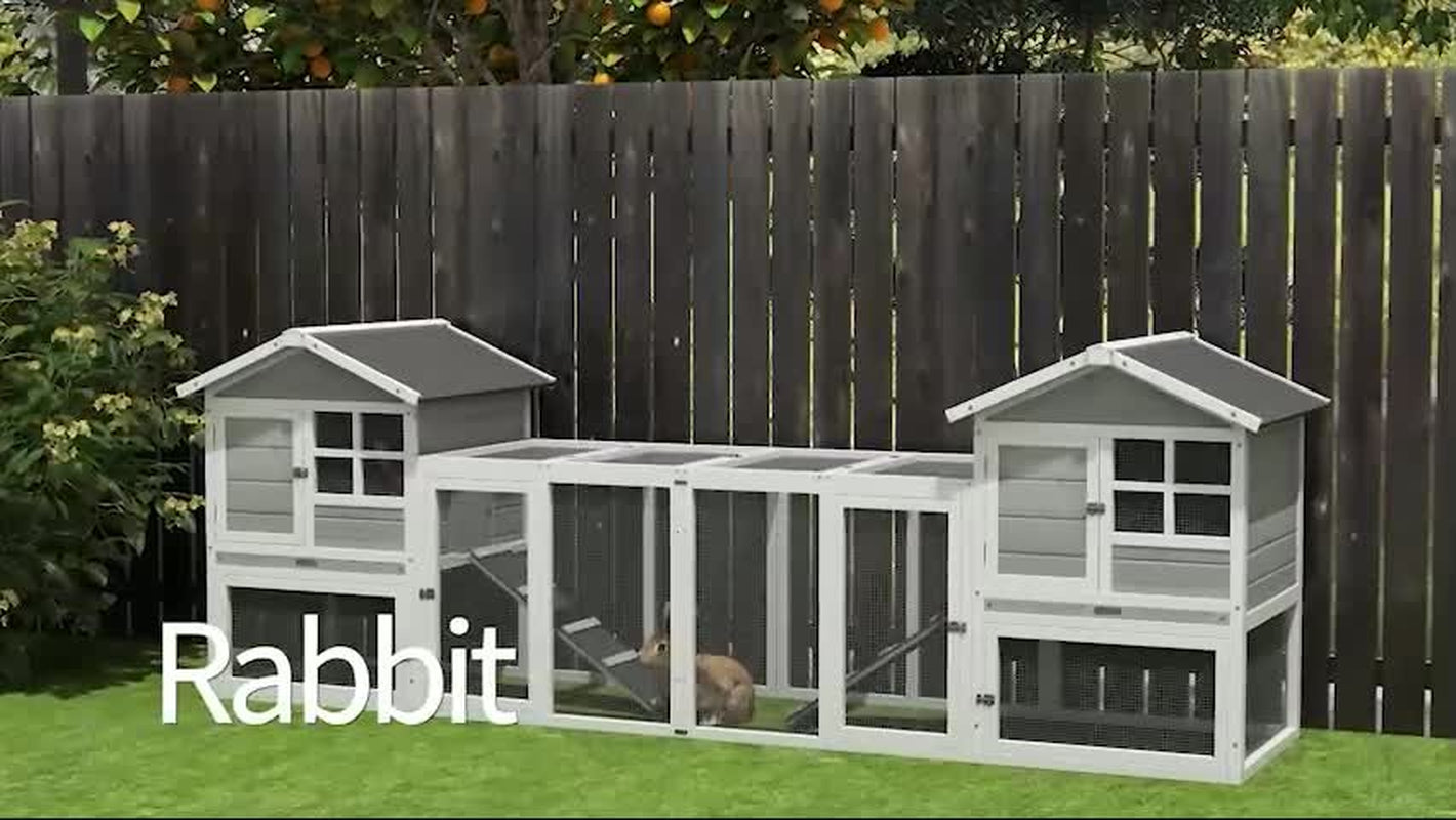2 in 1 Rabbit Hutch Outdoor, Double Main House with Run & No-Leak Tray, Grey