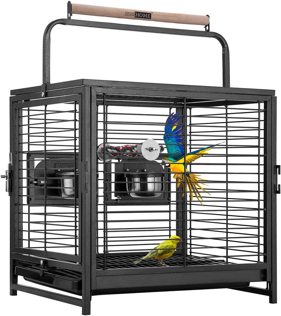 48 Cm Wrought Iron Bird Travel Carrier Cage with Handle Bird Transport Cage with Wooden Perch Portable Parrot Cage with Pullable Tray for Parrots Conures Lovebird Cockatiel Parakeets