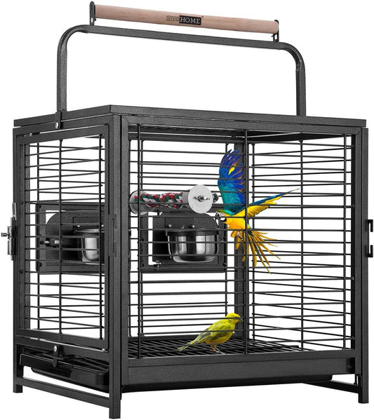 48 Cm Wrought Iron Bird Travel Carrier Cage with Handle Bird Transport Cage with Wooden Perch Portable Parrot Cage with Pullable Tray for Parrots Conures Lovebird Cockatiel Parakeets