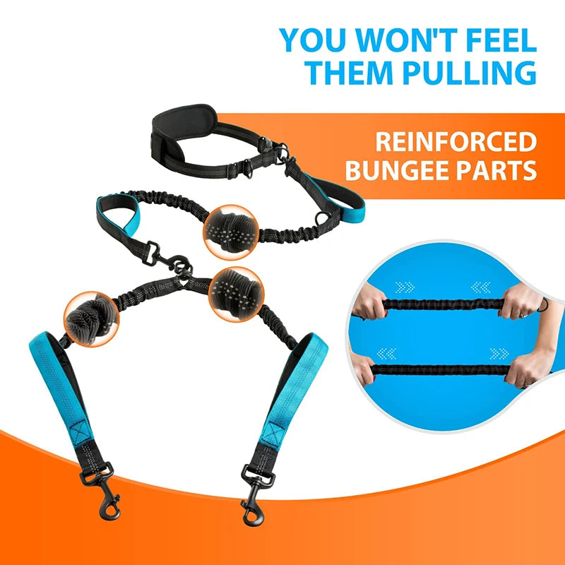 Strong Hands Free Double Dog Leash Reflective Comfortable No Tangle Padded Handle Dual Pet Lead for Medium Large Dogs