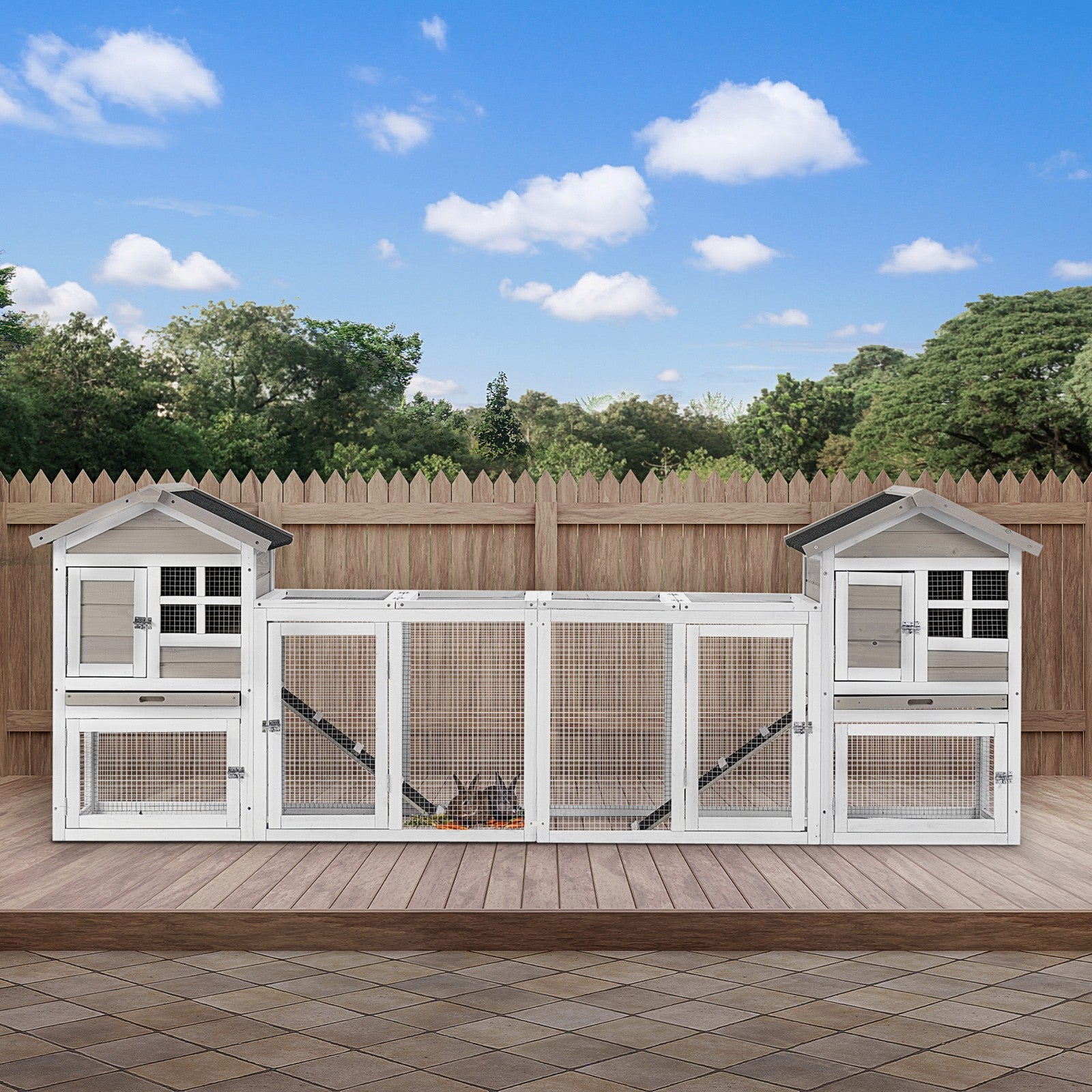 2 in 1 Rabbit Hutch Outdoor, Double Main House with Run & No-Leak Tray, Grey