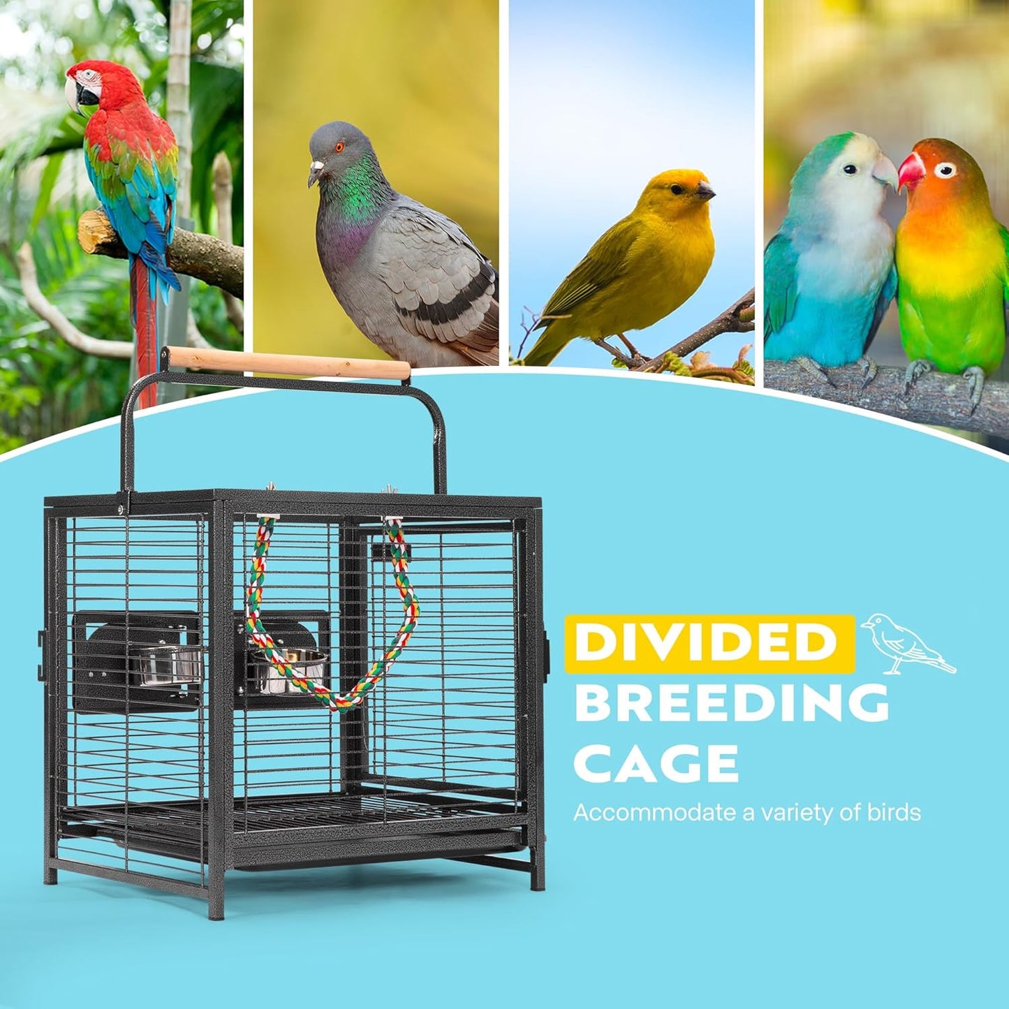 48 Cm Wrought Iron Bird Travel Carrier Cage with Handle Bird Transport Cage with Wooden Perch Portable Parrot Cage with Pullable Tray for Parrots Conures Lovebird Cockatiel Parakeets
