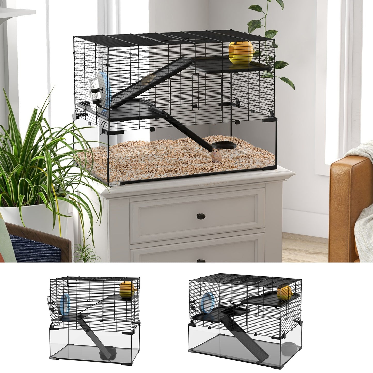 3 Tiers Hamster Cage, Gerbil Cage W/ Ramps, Exercise Wheel