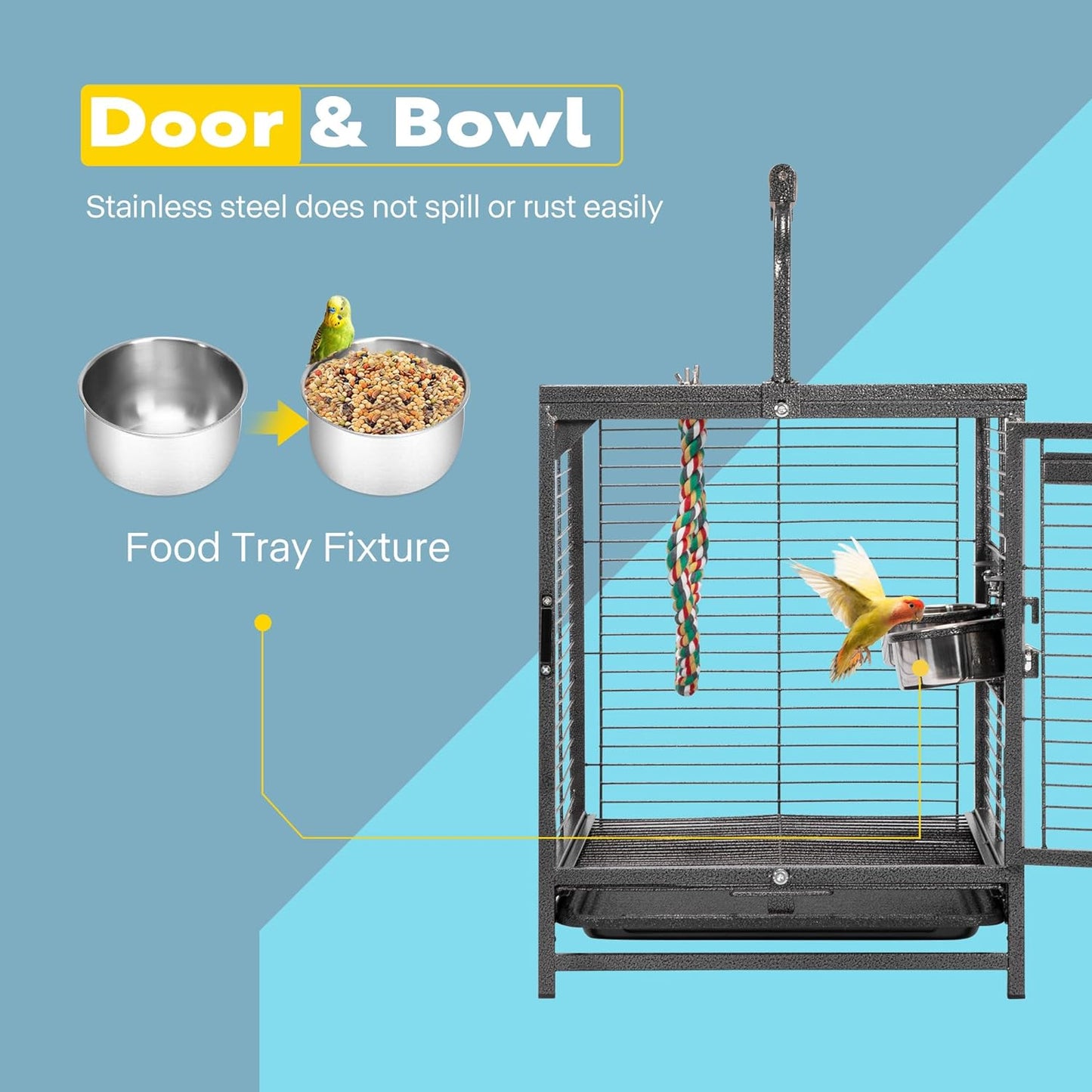 48 Cm Wrought Iron Bird Travel Carrier Cage with Handle Bird Transport Cage with Wooden Perch Portable Parrot Cage with Pullable Tray for Parrots Conures Lovebird Cockatiel Parakeets