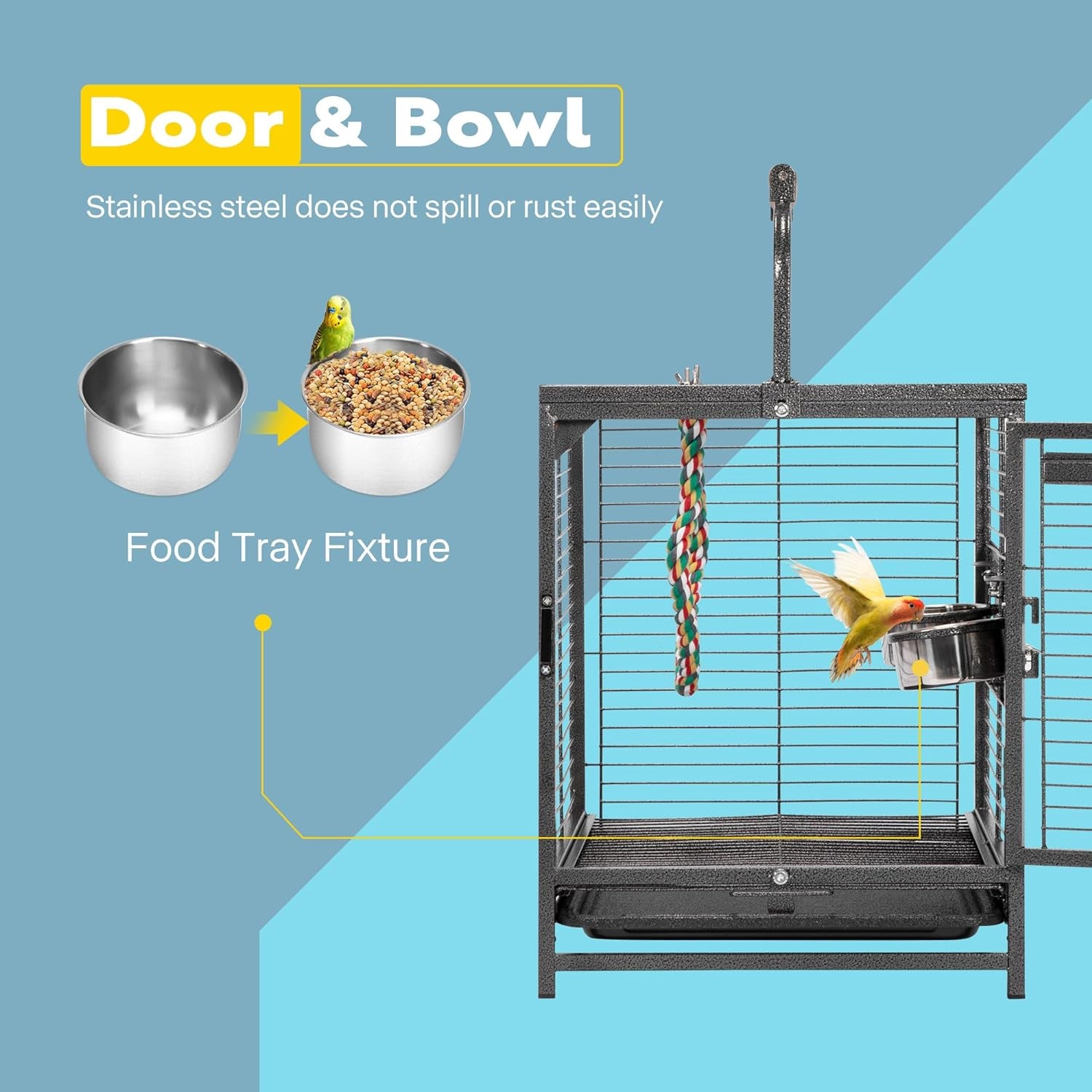 48 Cm Wrought Iron Bird Travel Carrier Cage with Handle Bird Transport Cage with Wooden Perch Portable Parrot Cage with Pullable Tray for Parrots Conures Lovebird Cockatiel Parakeets