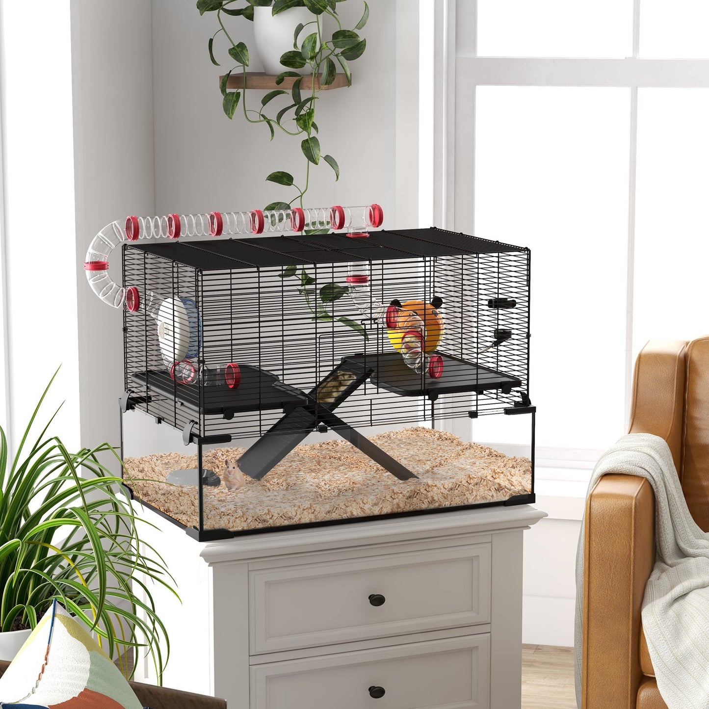Pawhut Hamster Cage W/ Tunnels, Tubes, Ramps, Platforms, Hut, 78.5 X 48.5 X 57Cm