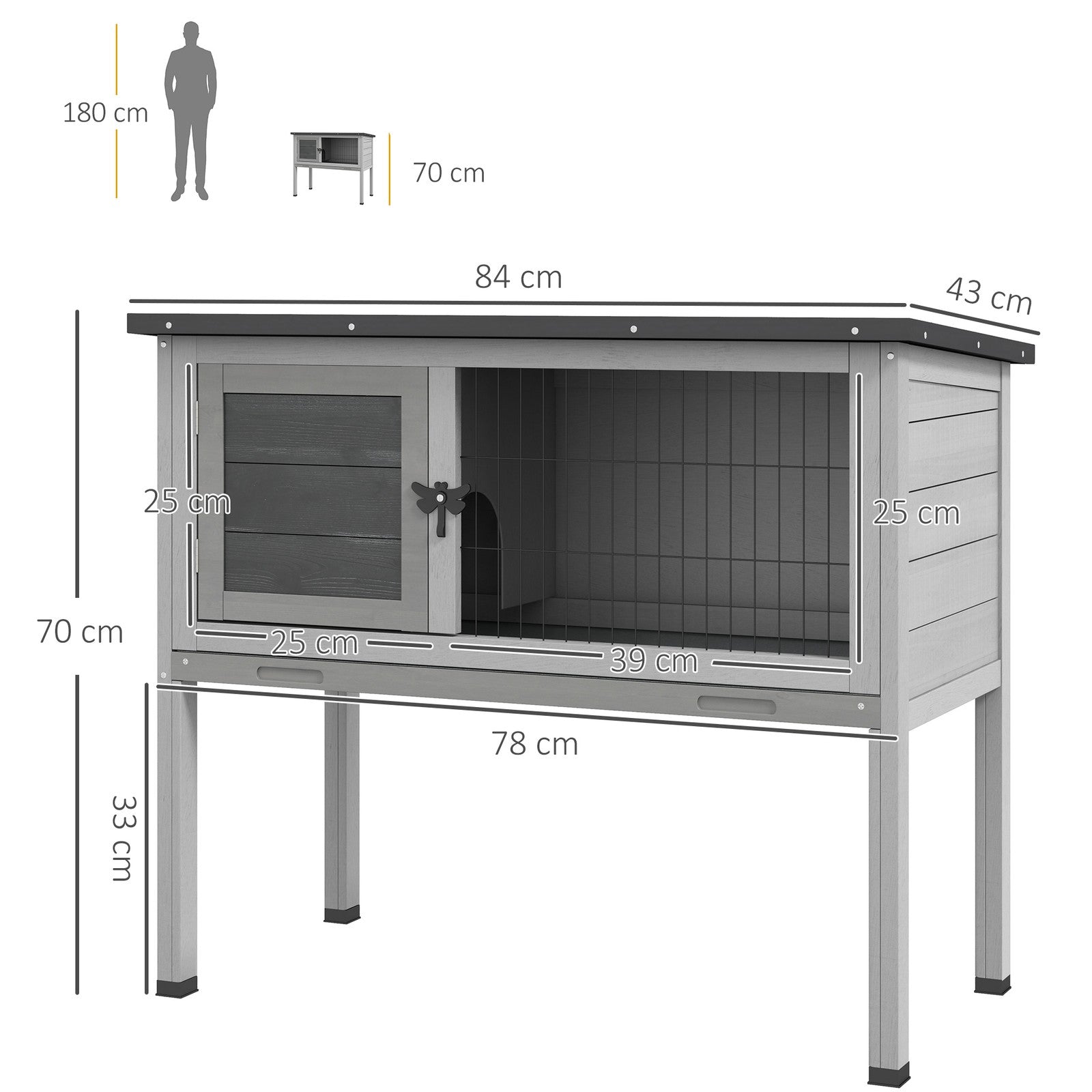 Guinea Pig Hutch, Wooden Small Animal Cage W/ Slide-Out Tray & Open Roof, Grey