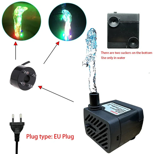 220V 3W Miniature Silent Submersible Pump Aquarium Fish Tank Fountain LED Pump EU Plug Pumping Aeration Pump Ornaments Set