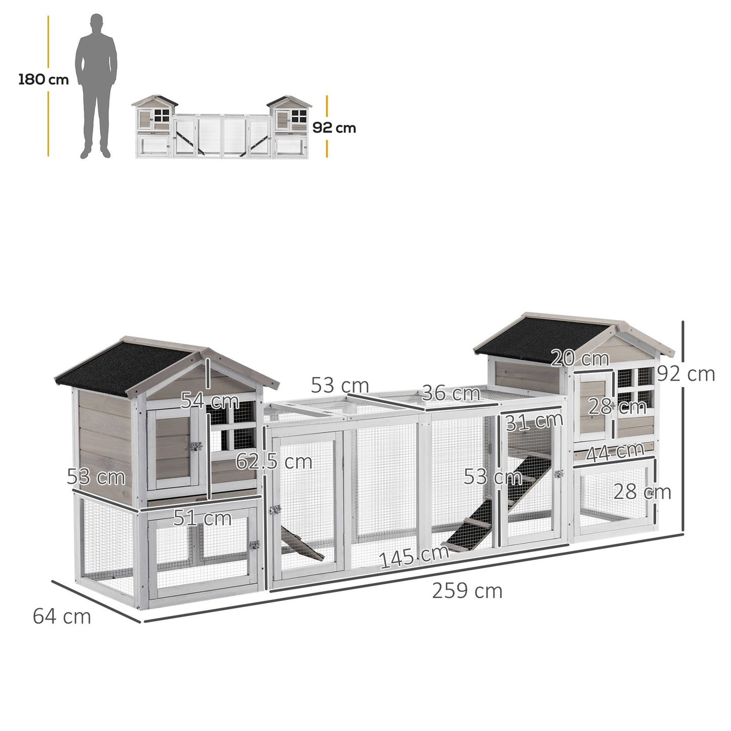 2 in 1 Rabbit Hutch Outdoor, Double Main House with Run & No-Leak Tray, Grey
