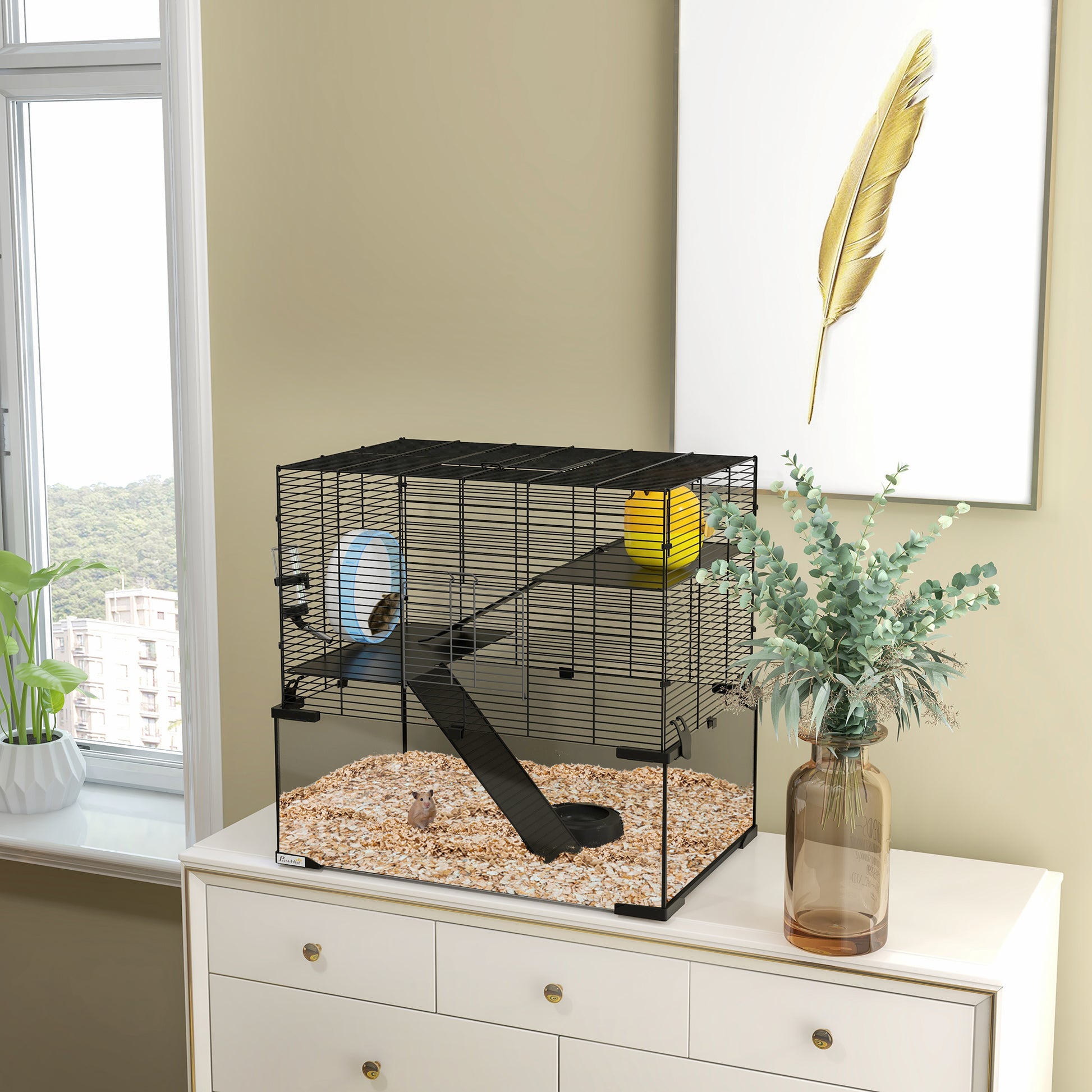 3 Tiers Hamster Cage, Gerbil Cage W/ Ramps, Exercise Wheel