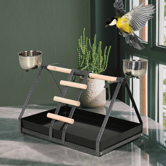 Bird Playstand with Wooden Perch Ladder Feeding Cups for Macaw Parrot Conure