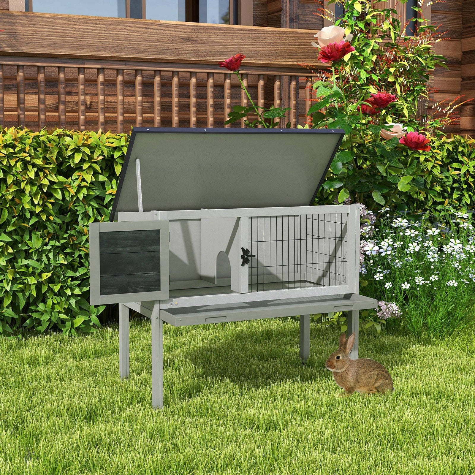 Guinea Pig Hutch, Wooden Small Animal Cage W/ Slide-Out Tray & Open Roof, Grey