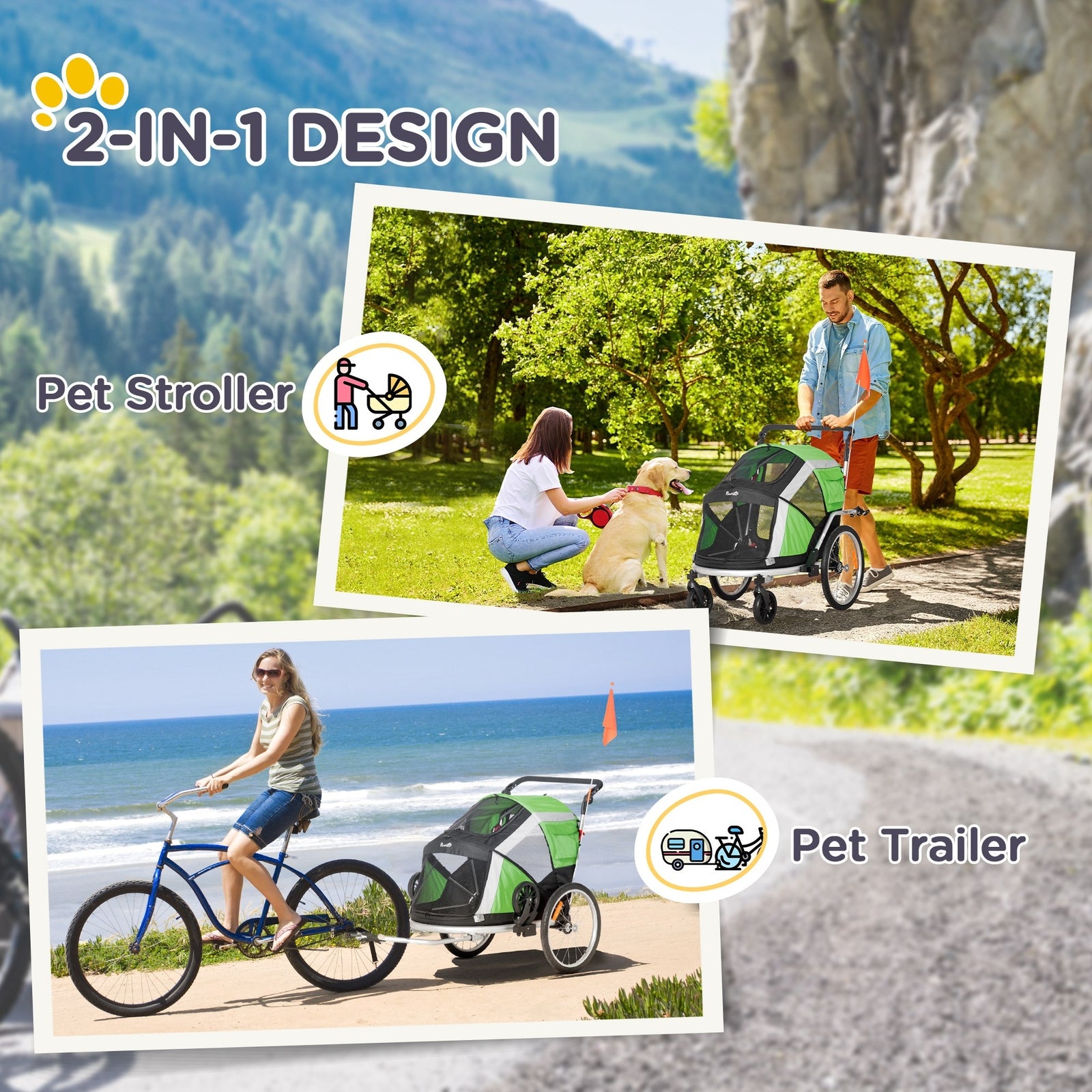 Pawhut 2-In-1 Dog Bicycle Trailer W/ Safety Leash, Reflectors - Green